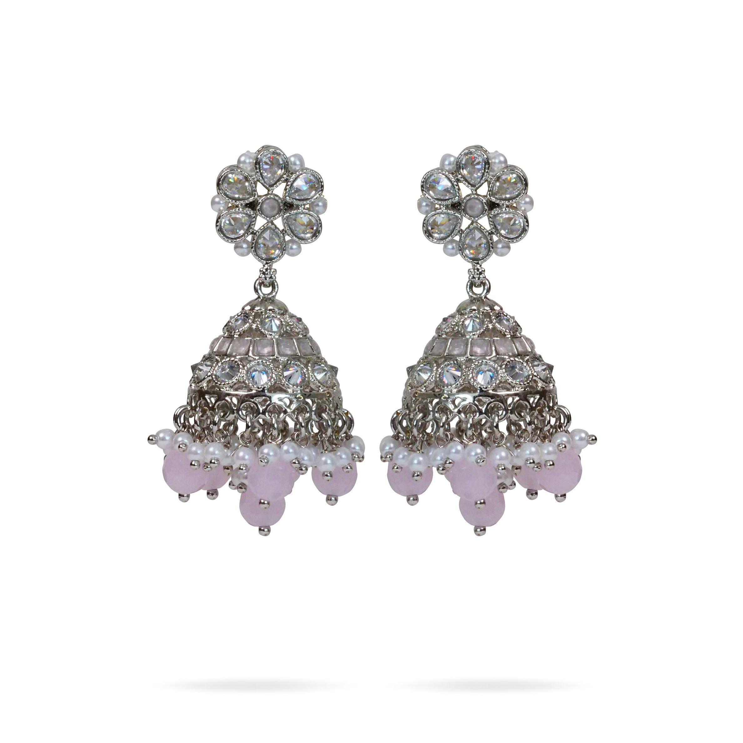 Jhansi Jhumka Earrings in Pink and Rhodium