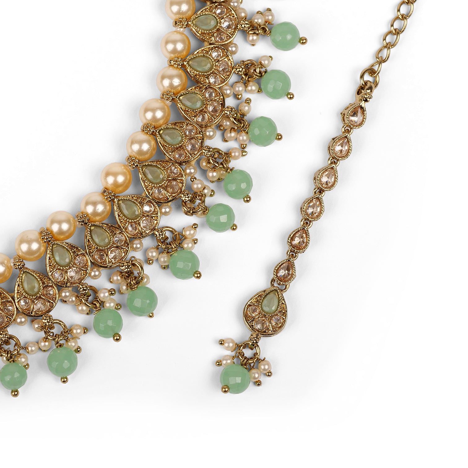 Simple Pearl Necklace Set in Mint