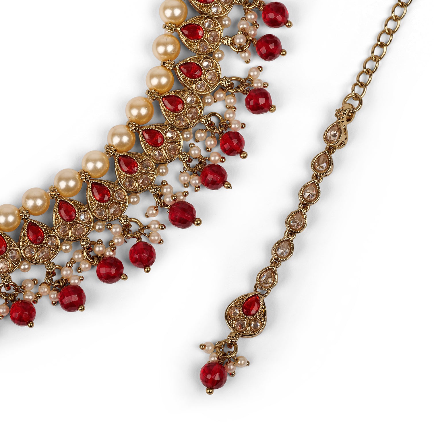 Simple Pearl Necklace Set in Red