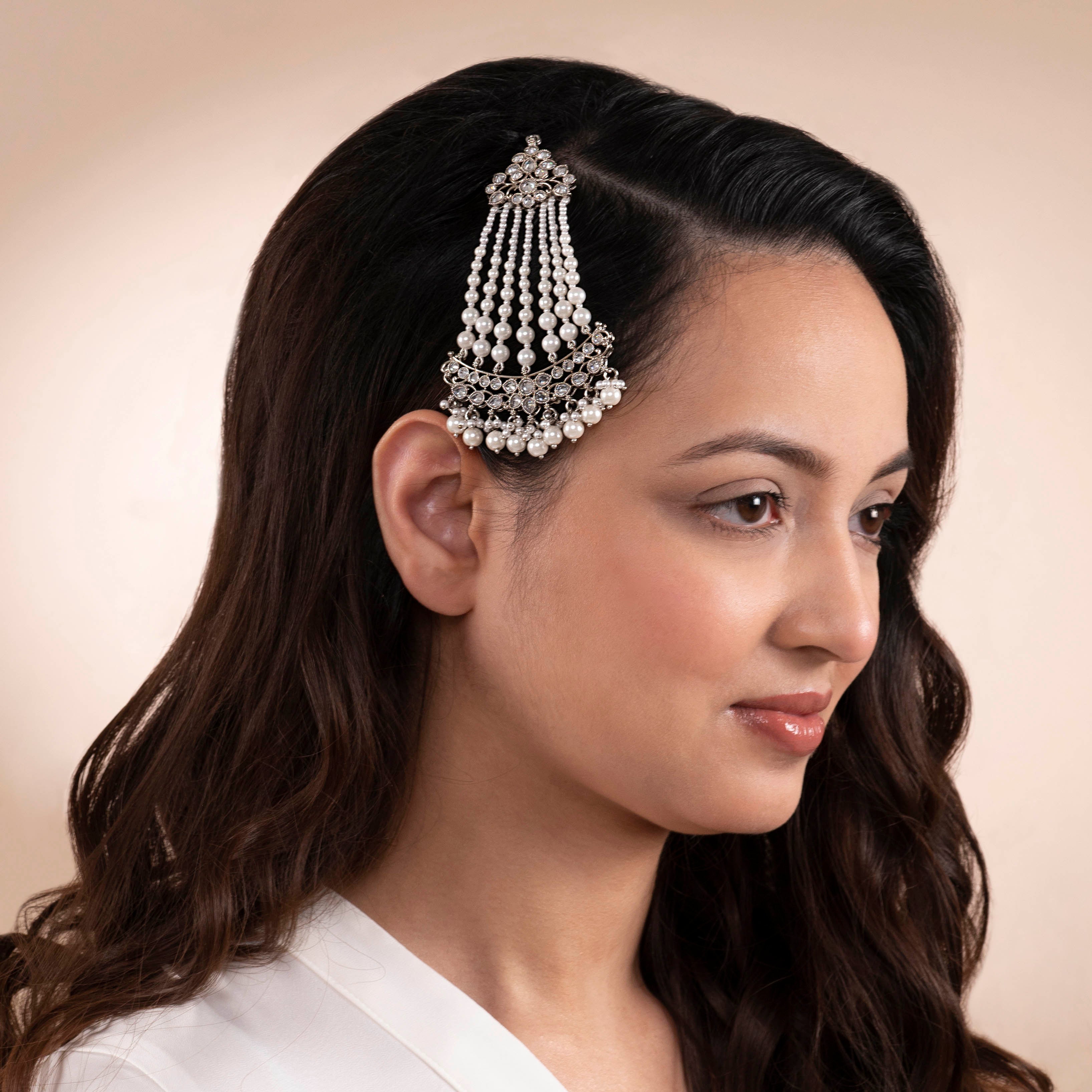 Dhara Jhumar in Rhodium and Pearl