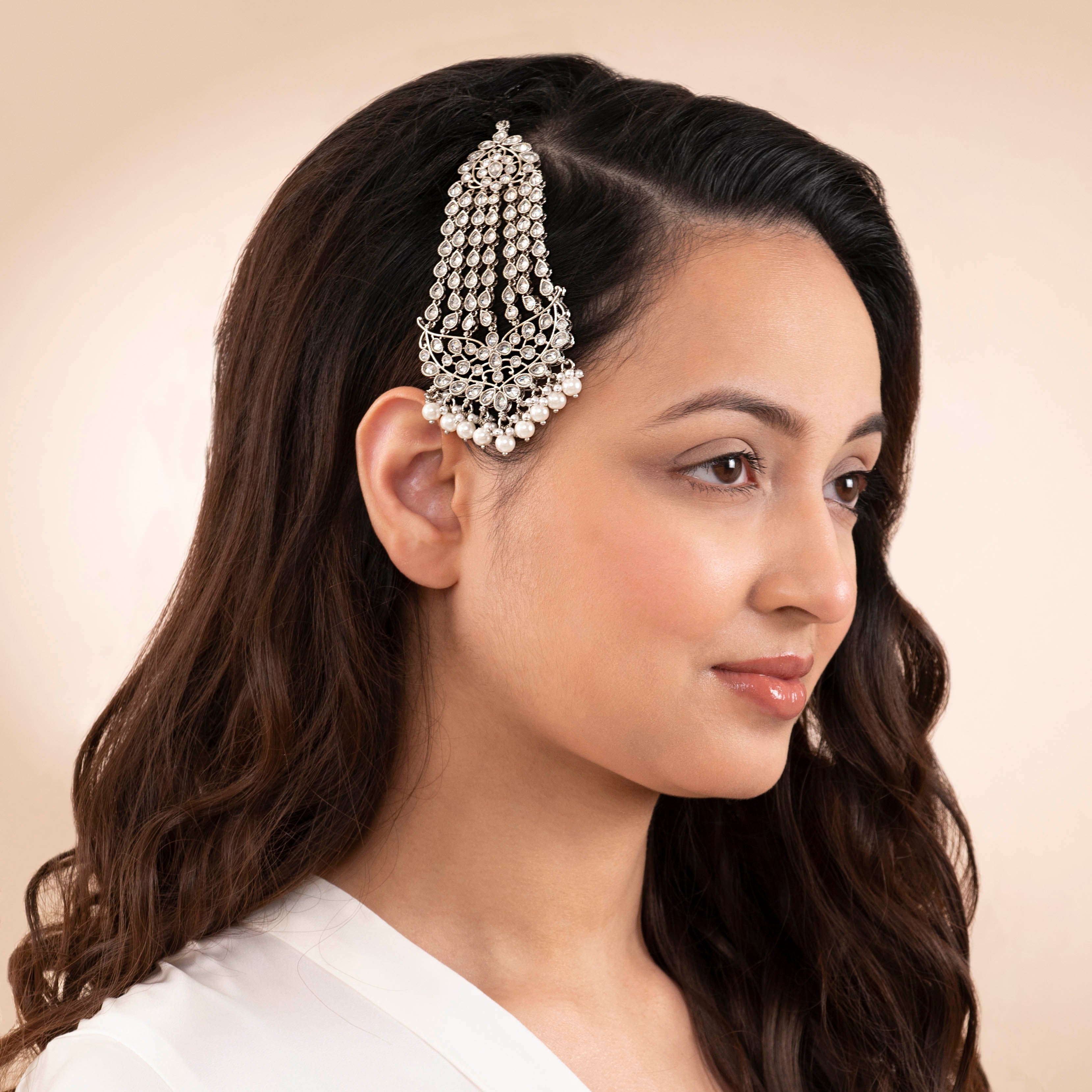 Nadira Jhumar Headpiece in Rhodium
