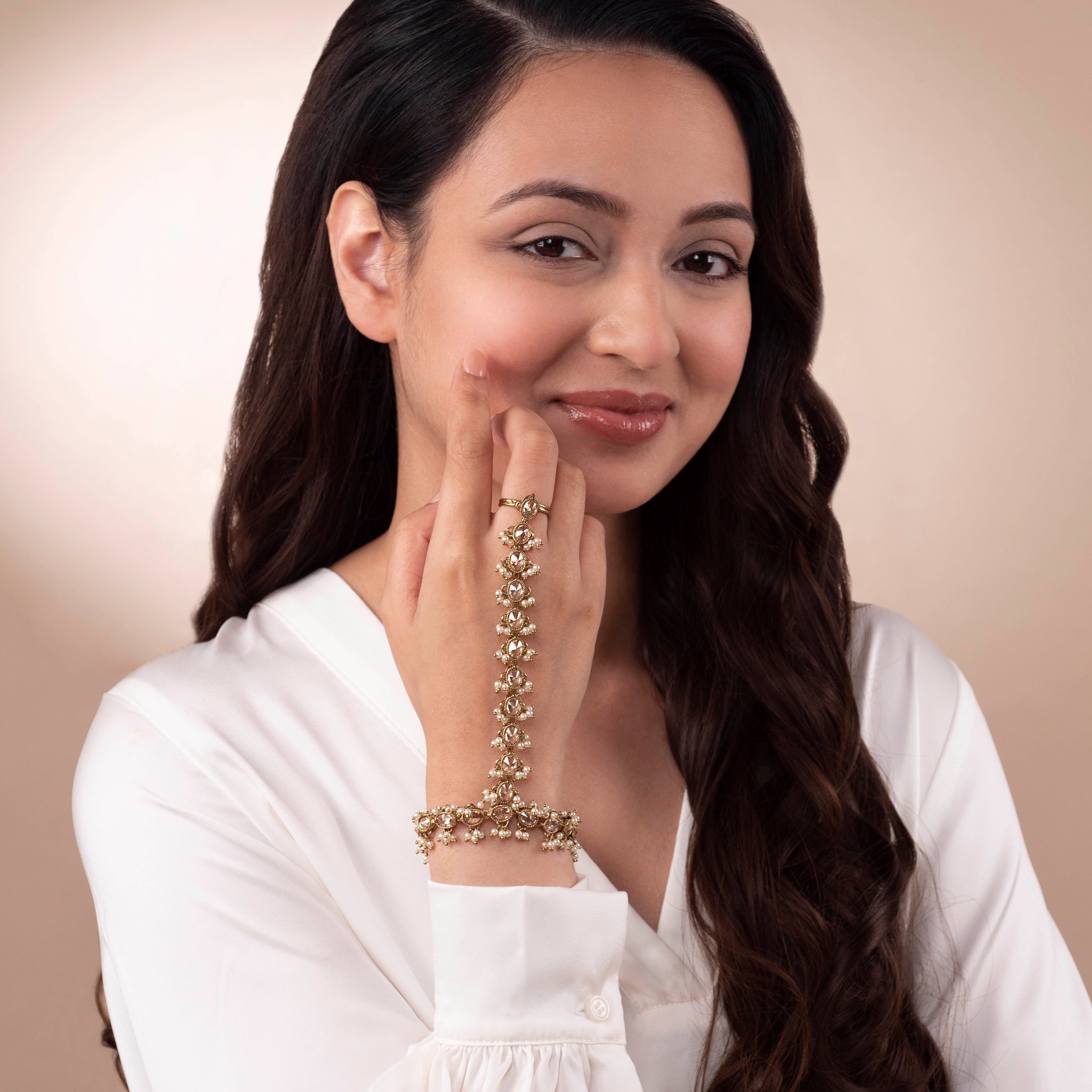 Lavani Handpiece in Pearls and Antique Gold