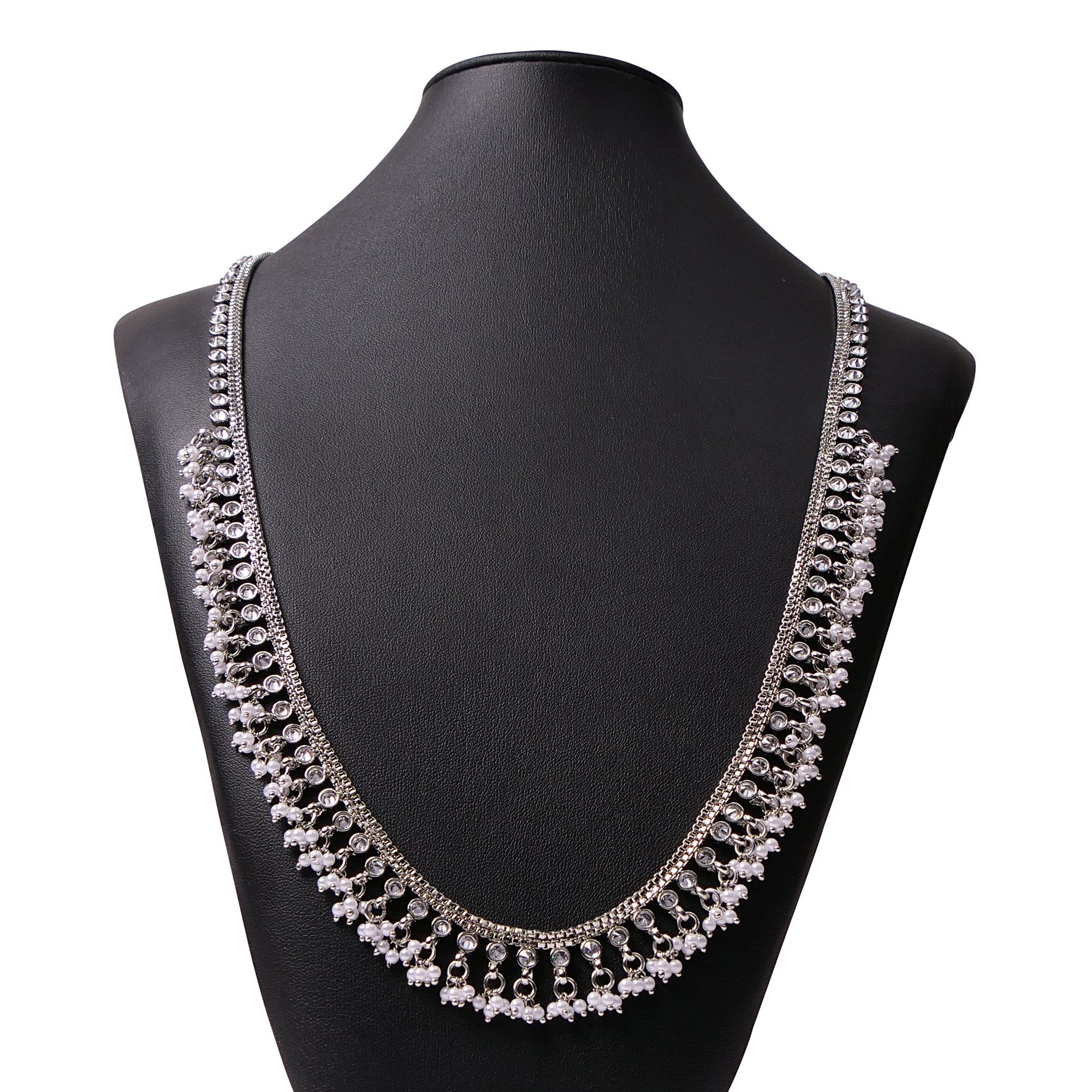 Aarya Cluster Long Necklace in Pearl and Rhodium