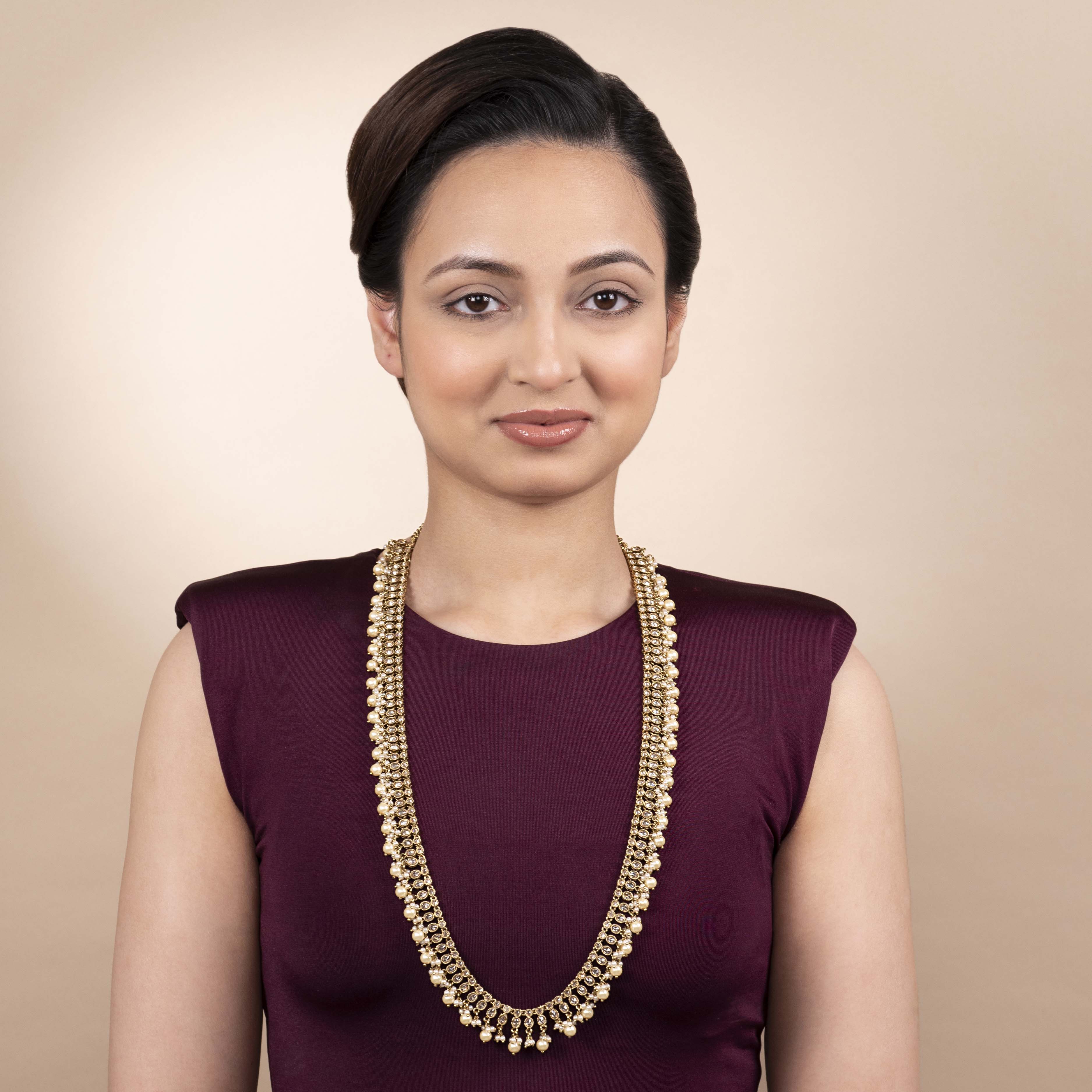Pearl and Crystal Long Necklace in Antique Gold
