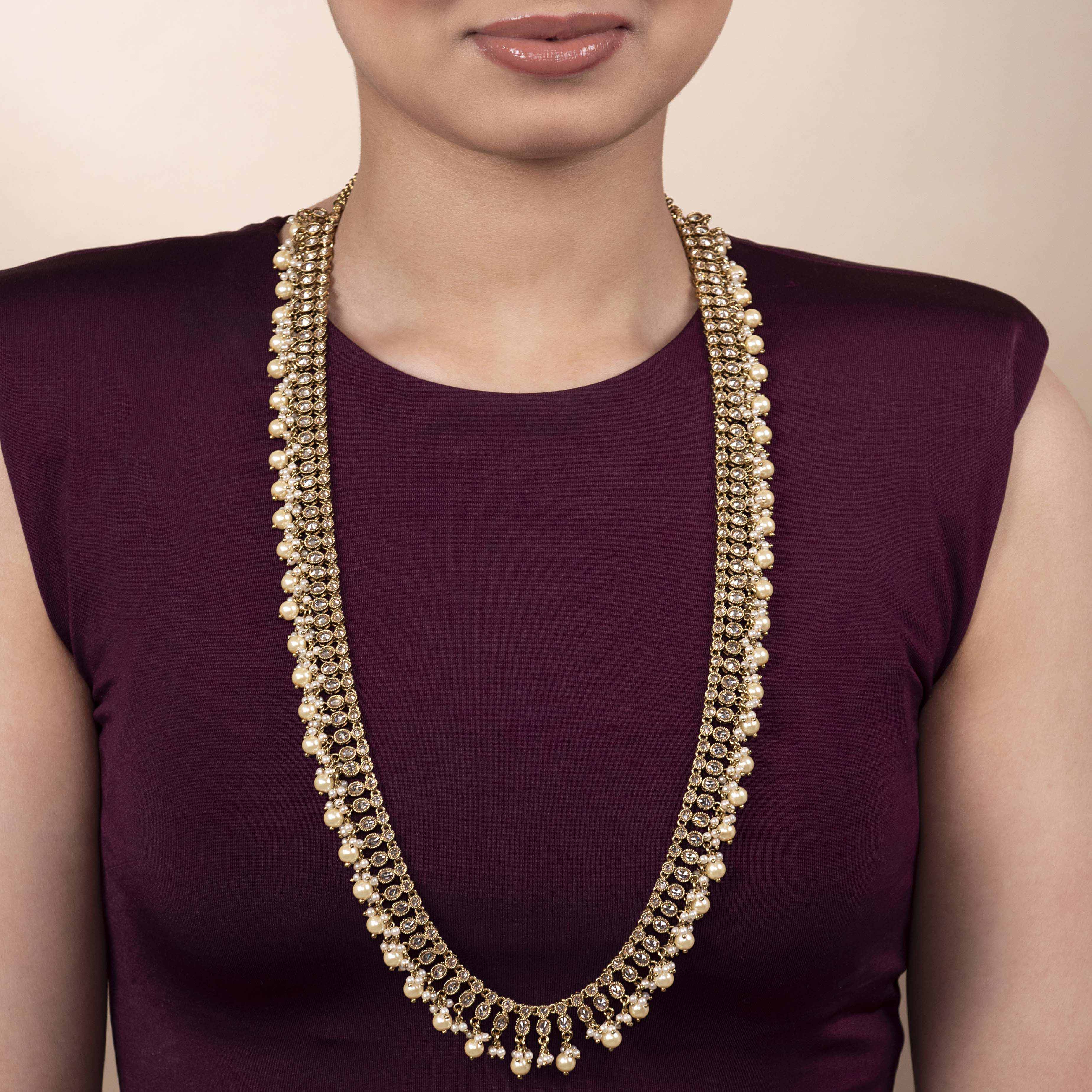 Pearl and Crystal Long Necklace in Antique Gold
