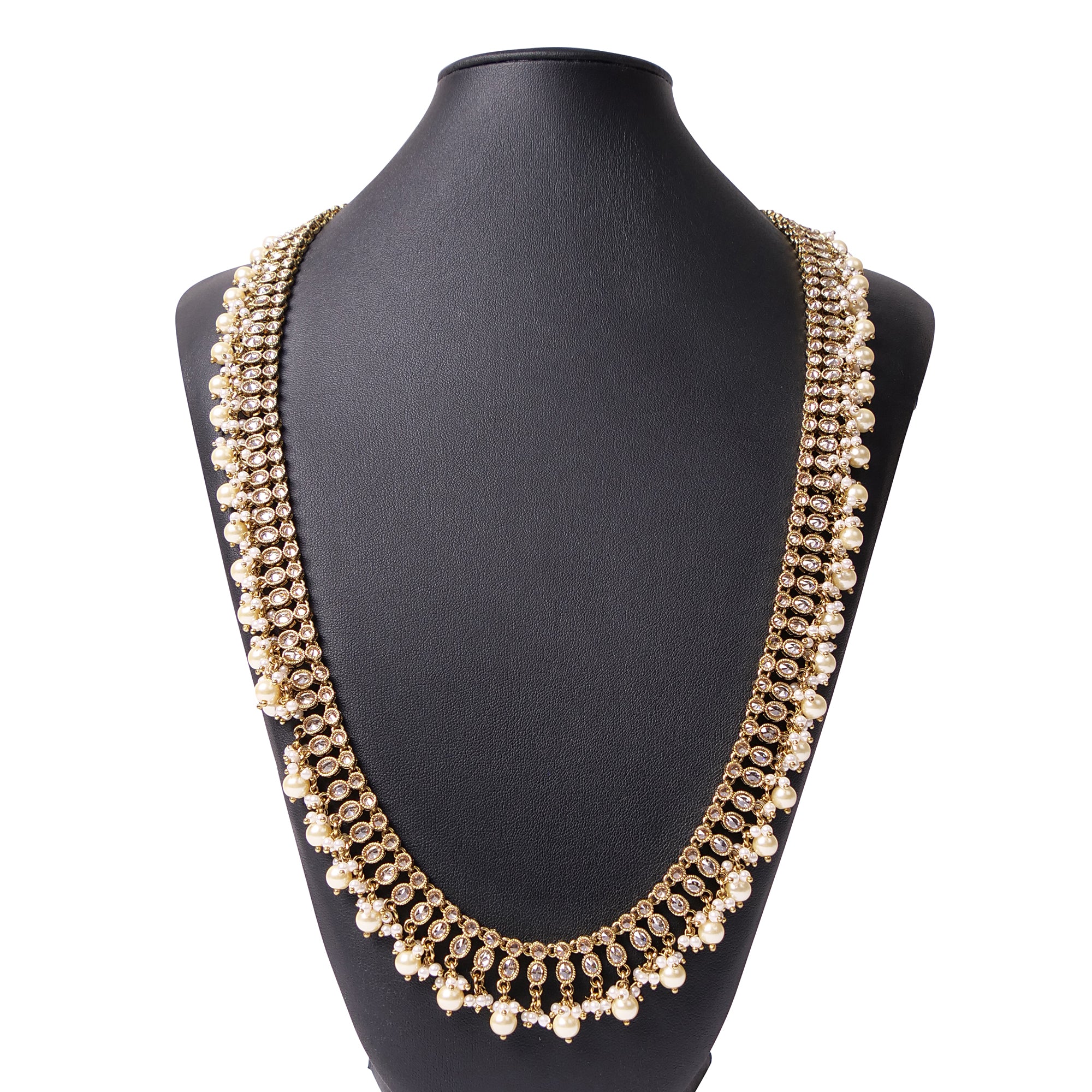 Pearl and Crystal Long Necklace in Antique Gold