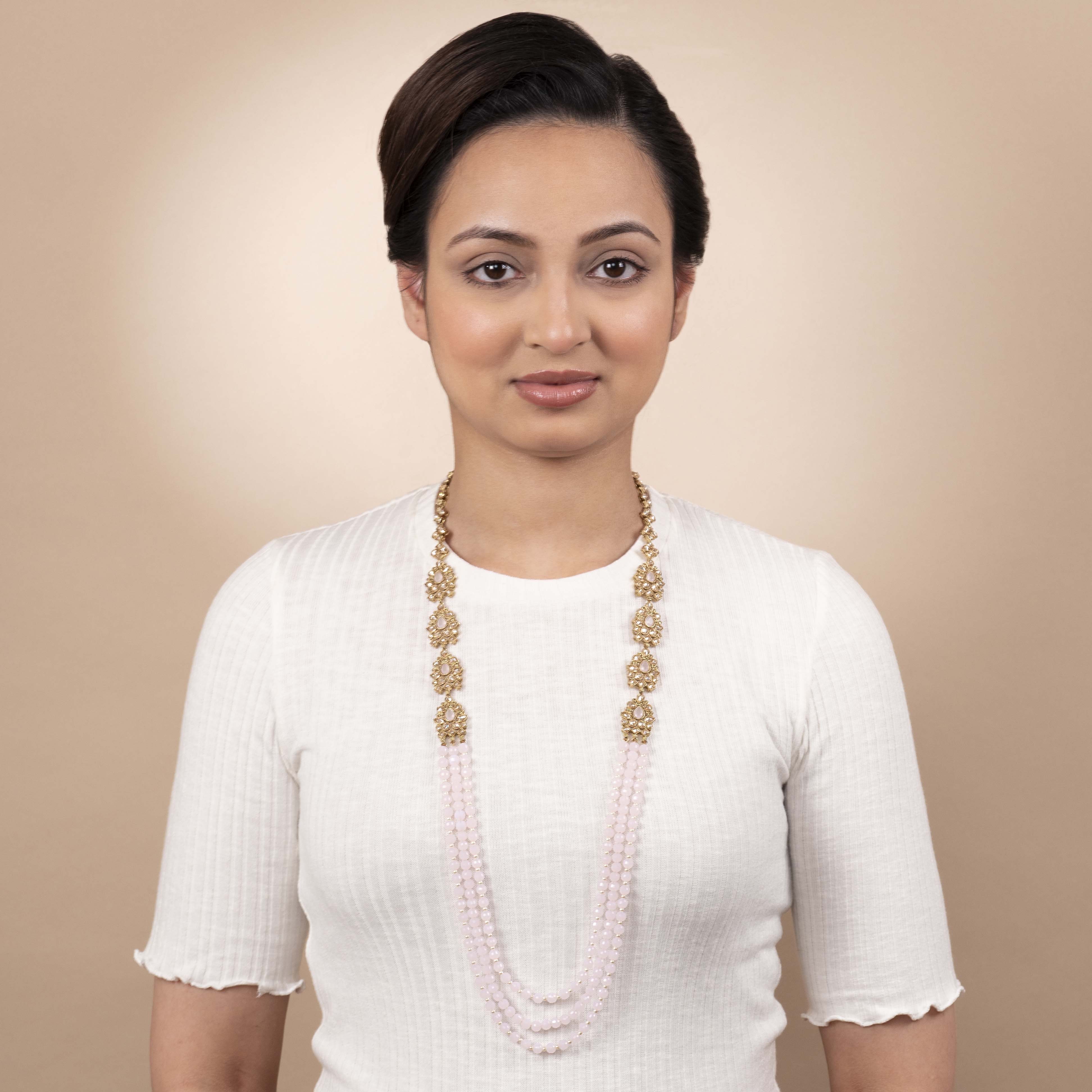 Nihira Long Layered Necklace in Light Pink and Antique Gold