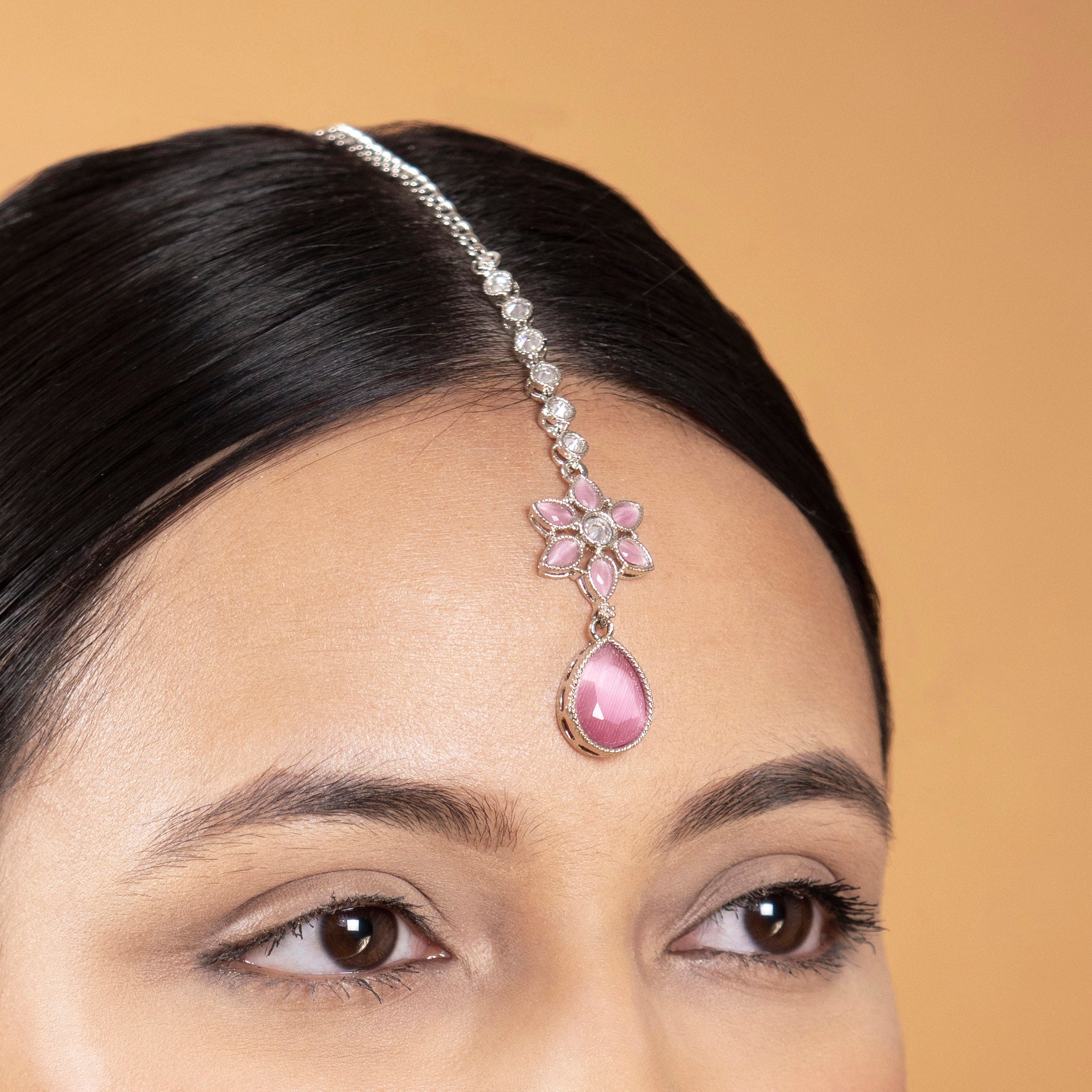 Joy Pink Maang Tikka in Rhodium