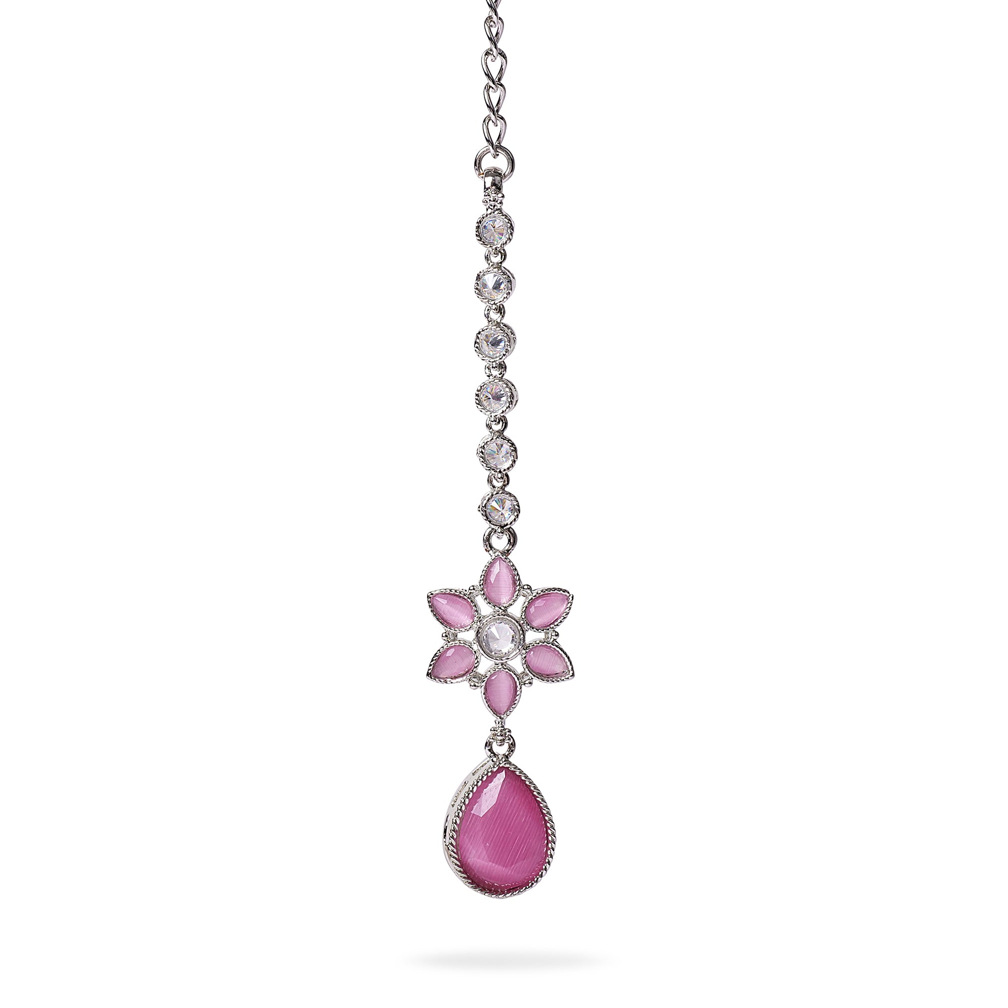Joy Pink Maang Tikka in Rhodium