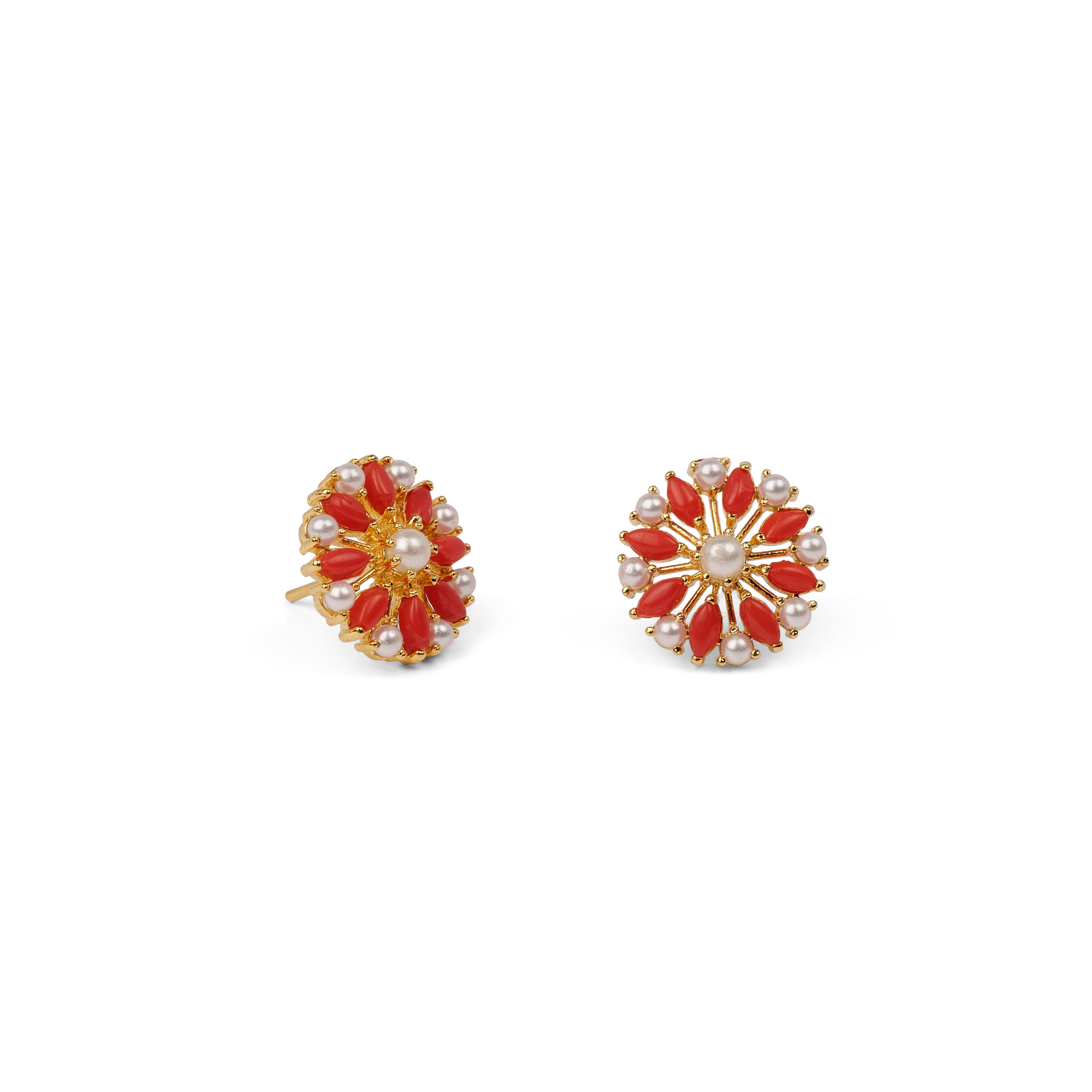 Prachi Rajasthani Ear Studs in Orange and Pearl