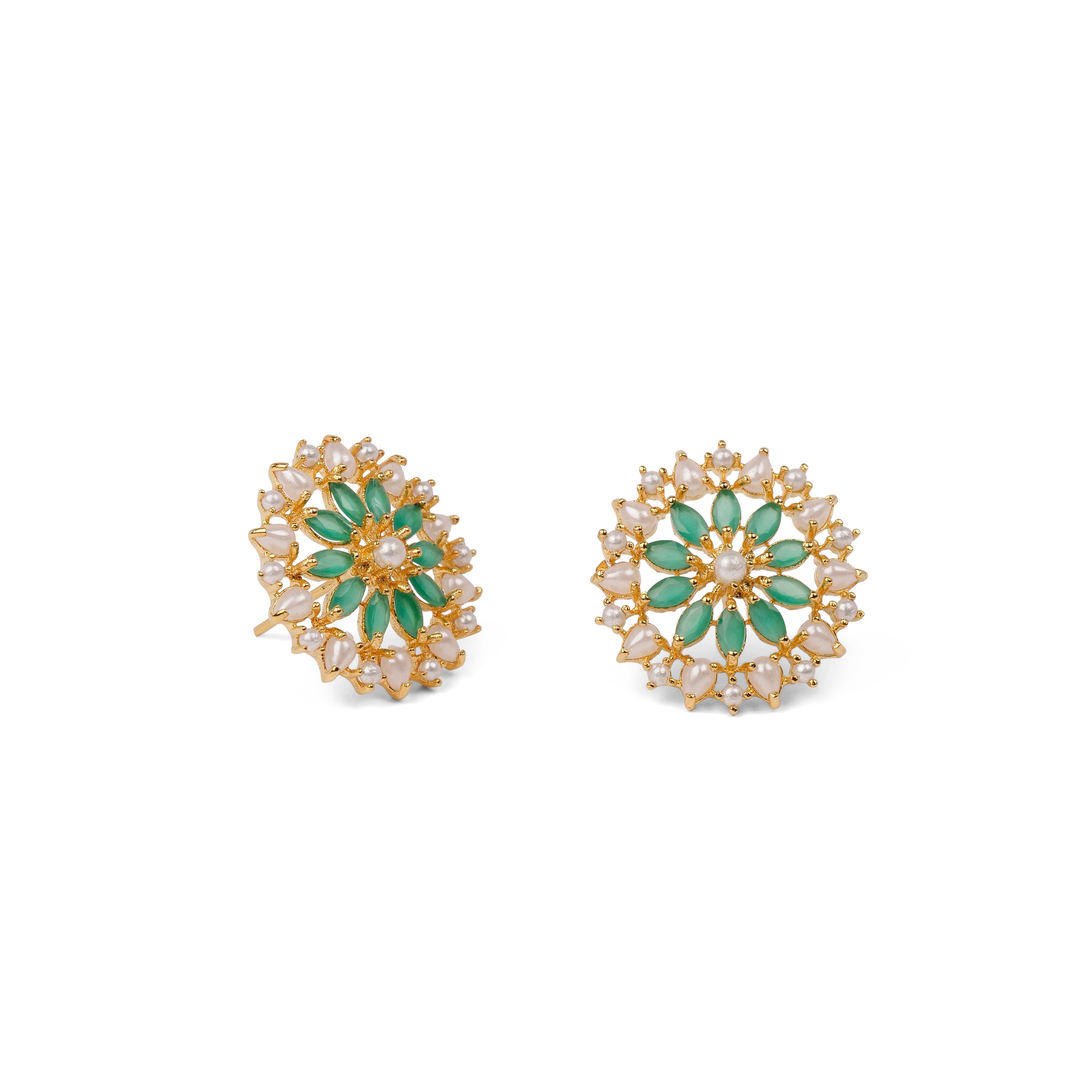 Zaina Rajasthani Ear Studs in Pearl and Green