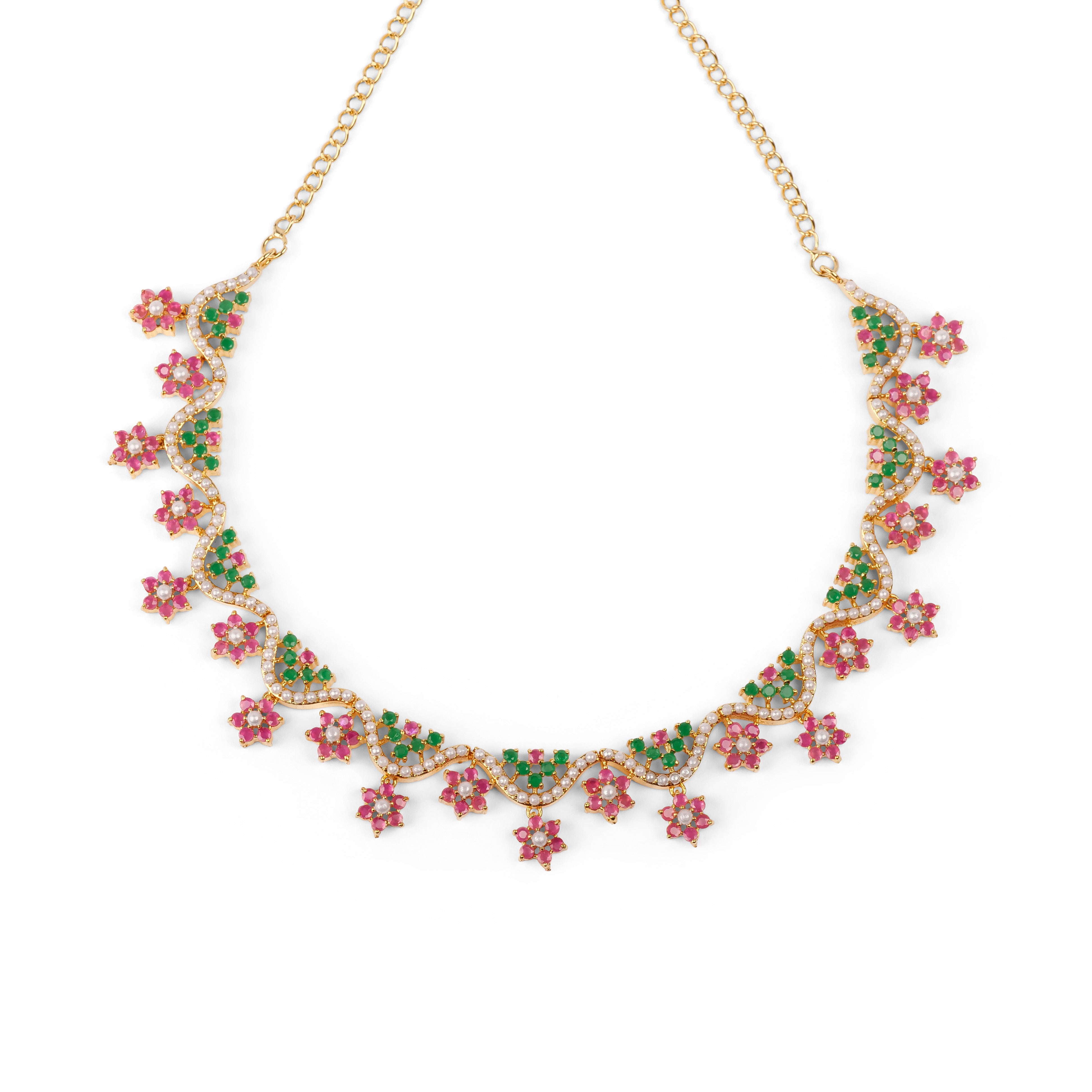 Phulki Rajasthani Necklace Set in Ruby and Green