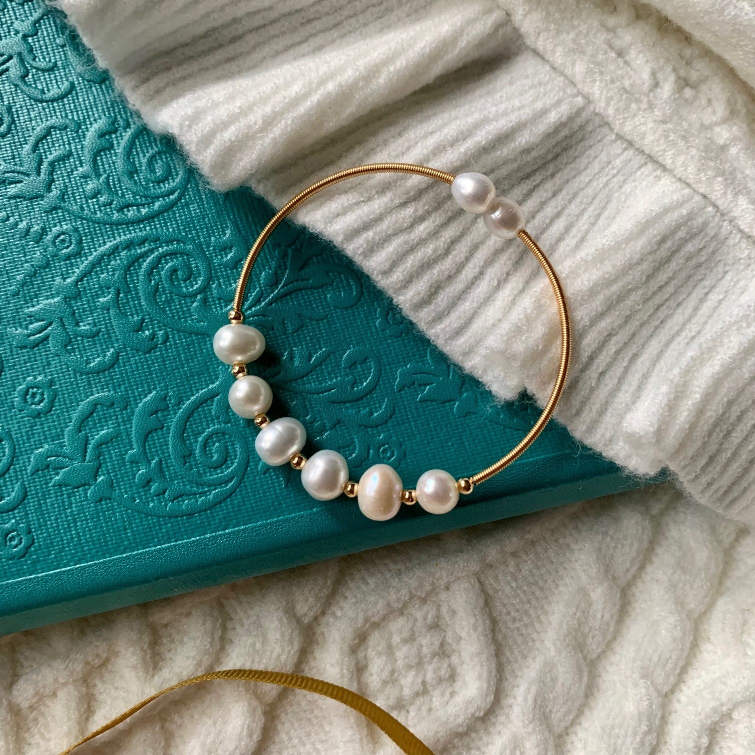 Slip on Bangle Bracelet with White Pearl