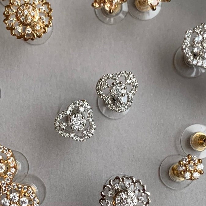 Floral Rhodium Cubic Zirconia Ear Studs