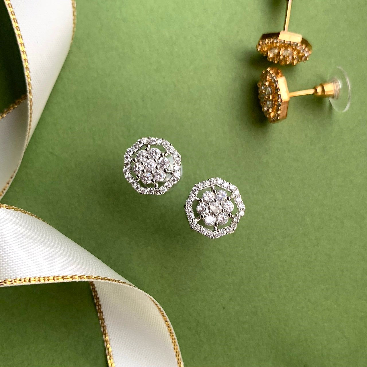 Halo Flora Ear Studs in Rhodium