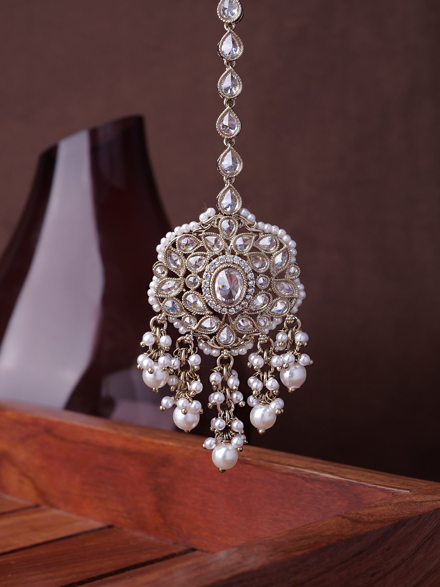 Aalia Waterfall Maang Tikka in Pearl and White