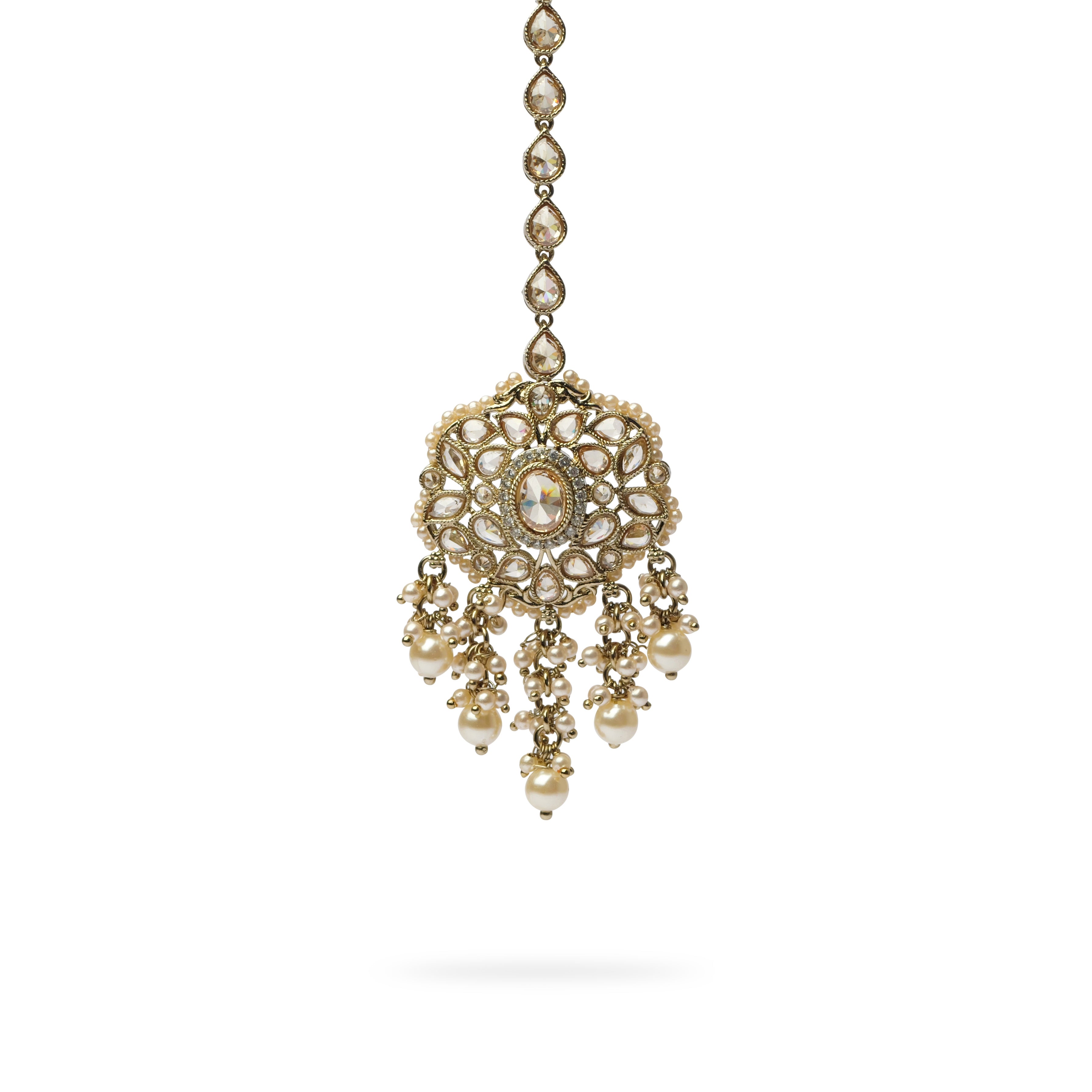 Aalia Waterfall Maang Tikka in Pearl and Champagne