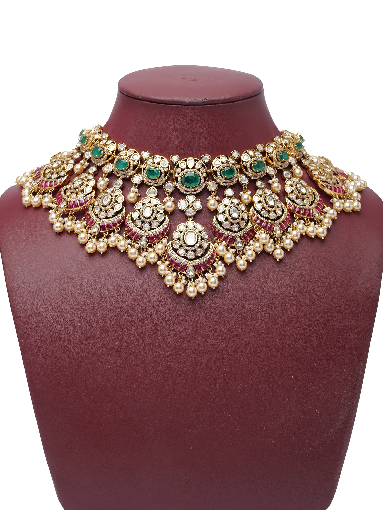 Aarshini Kundan Bridal Necklace Set in Green and Ruby