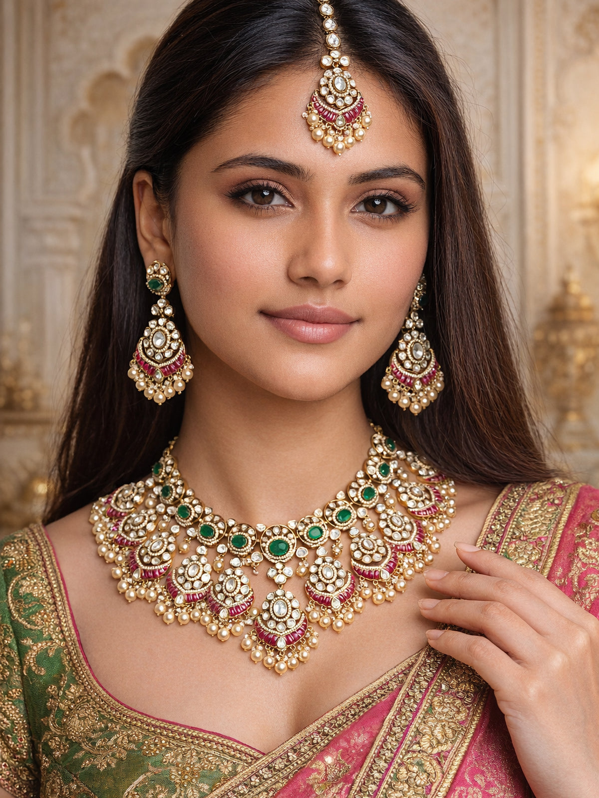 Aarshini Kundan Bridal Necklace Set in Green and Ruby
