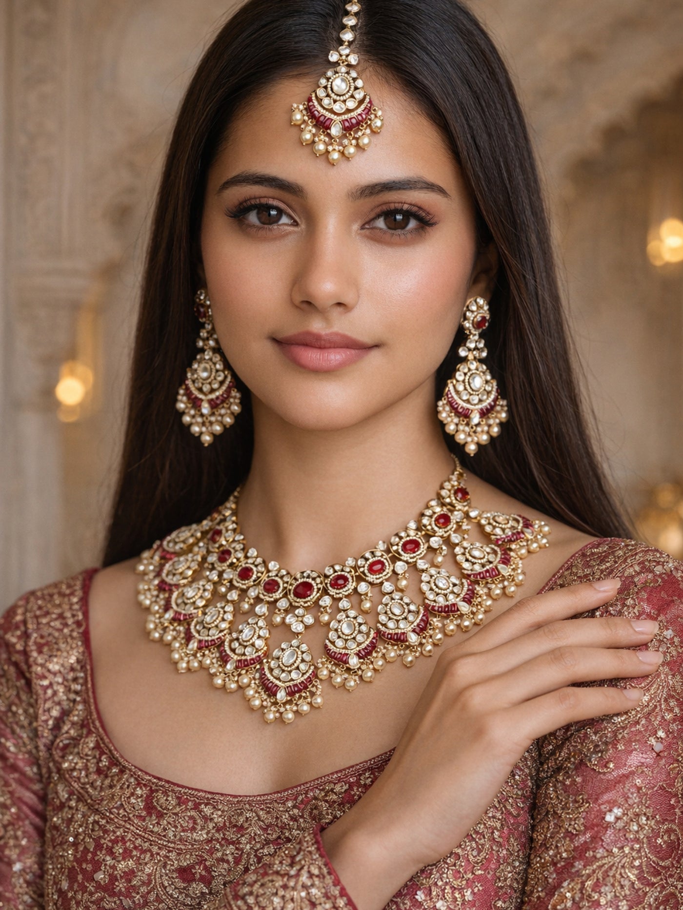 Aarshini Kundan Bridal Necklace Set in Ruby
