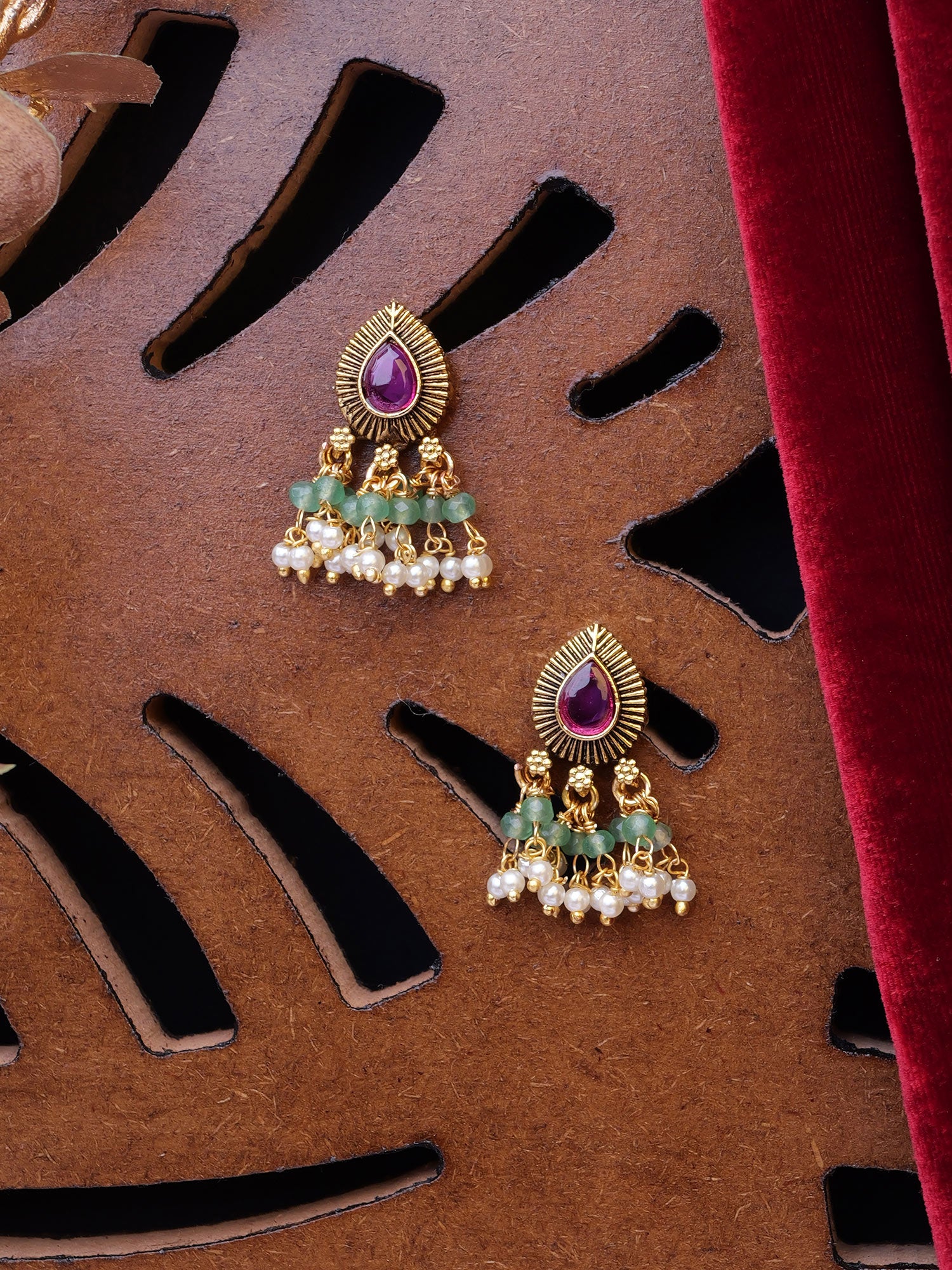 Adhira Small Kundan Earrings in Ruby and Mint