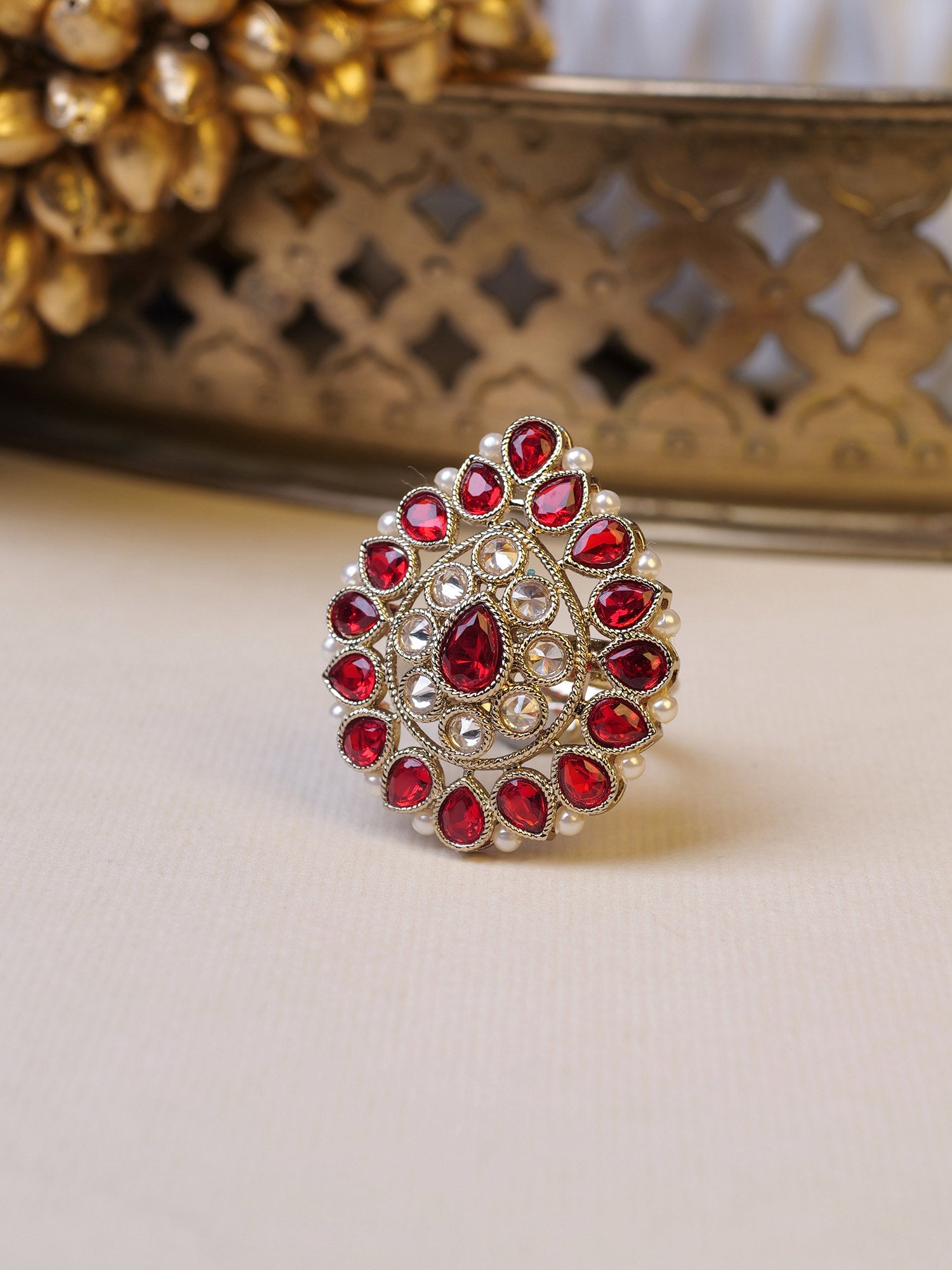 Afsana Pearl Edge Ring in Maroon