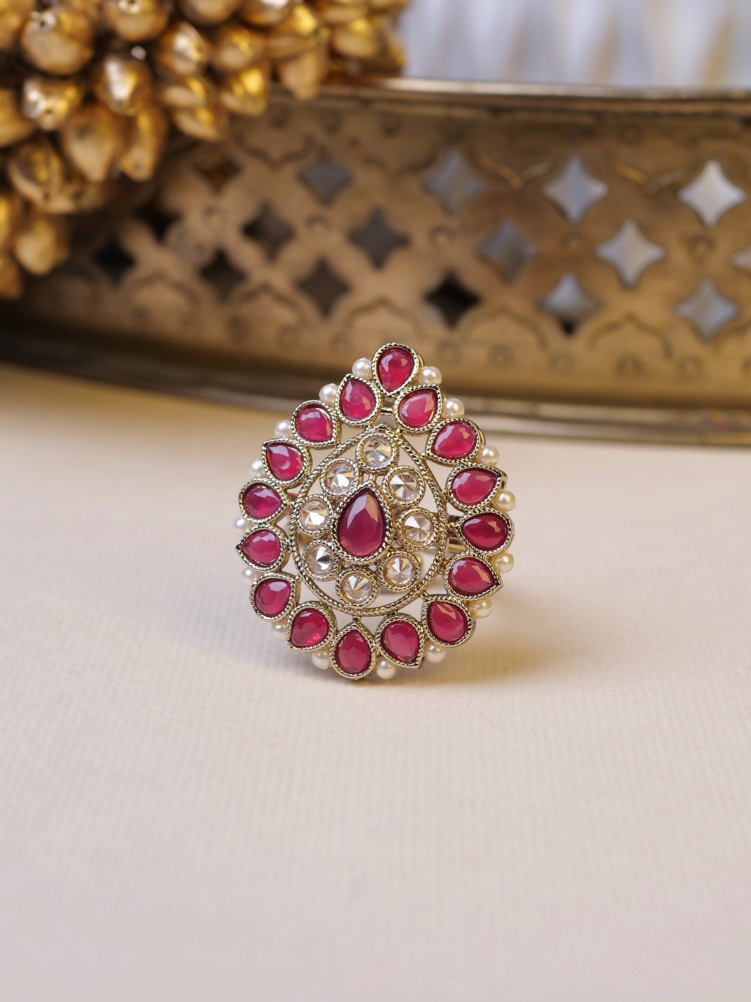 Afsana Pearl Edge Ring in Ruby