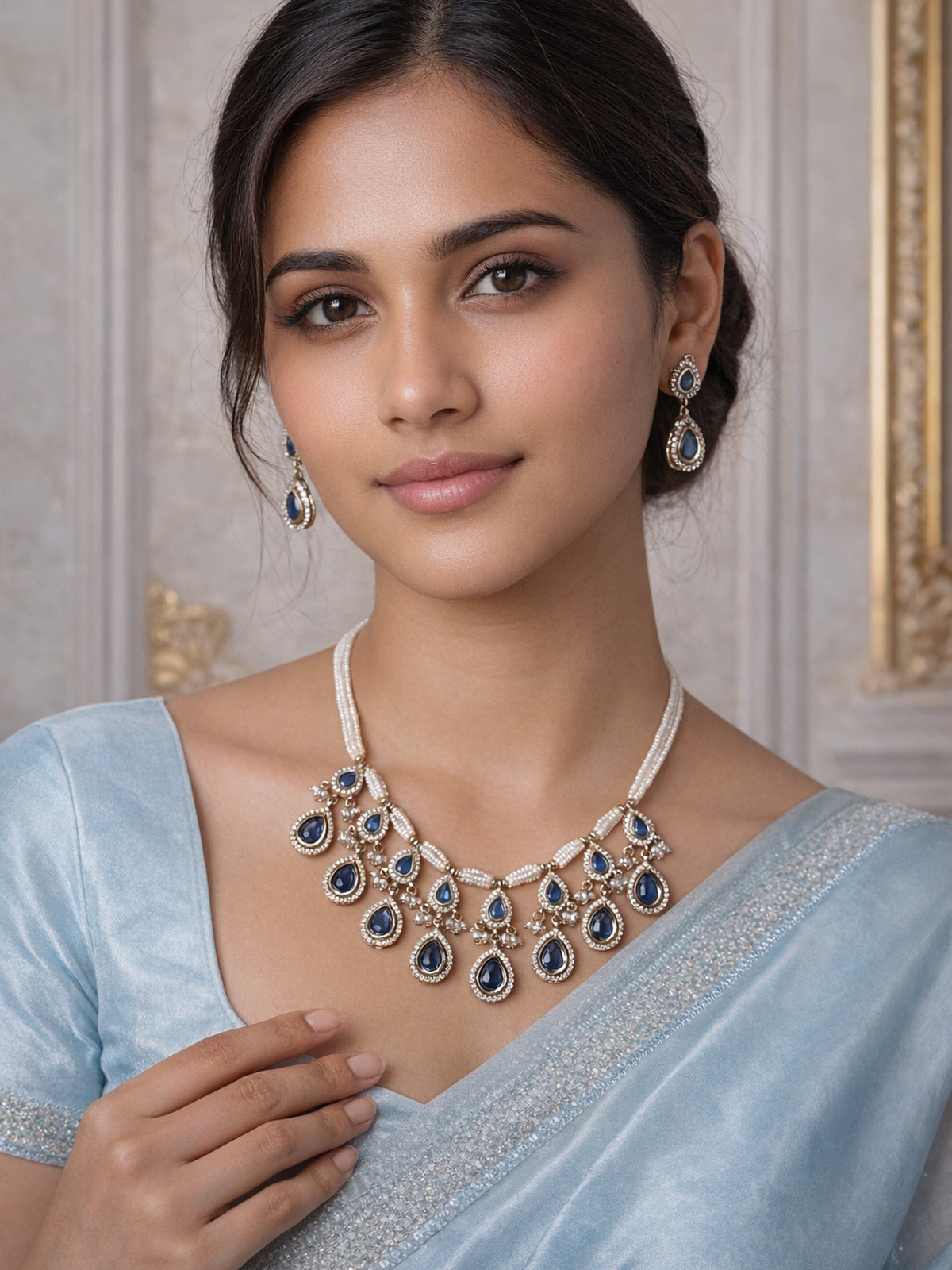 Akshara Kundan Necklace Set in Blue 