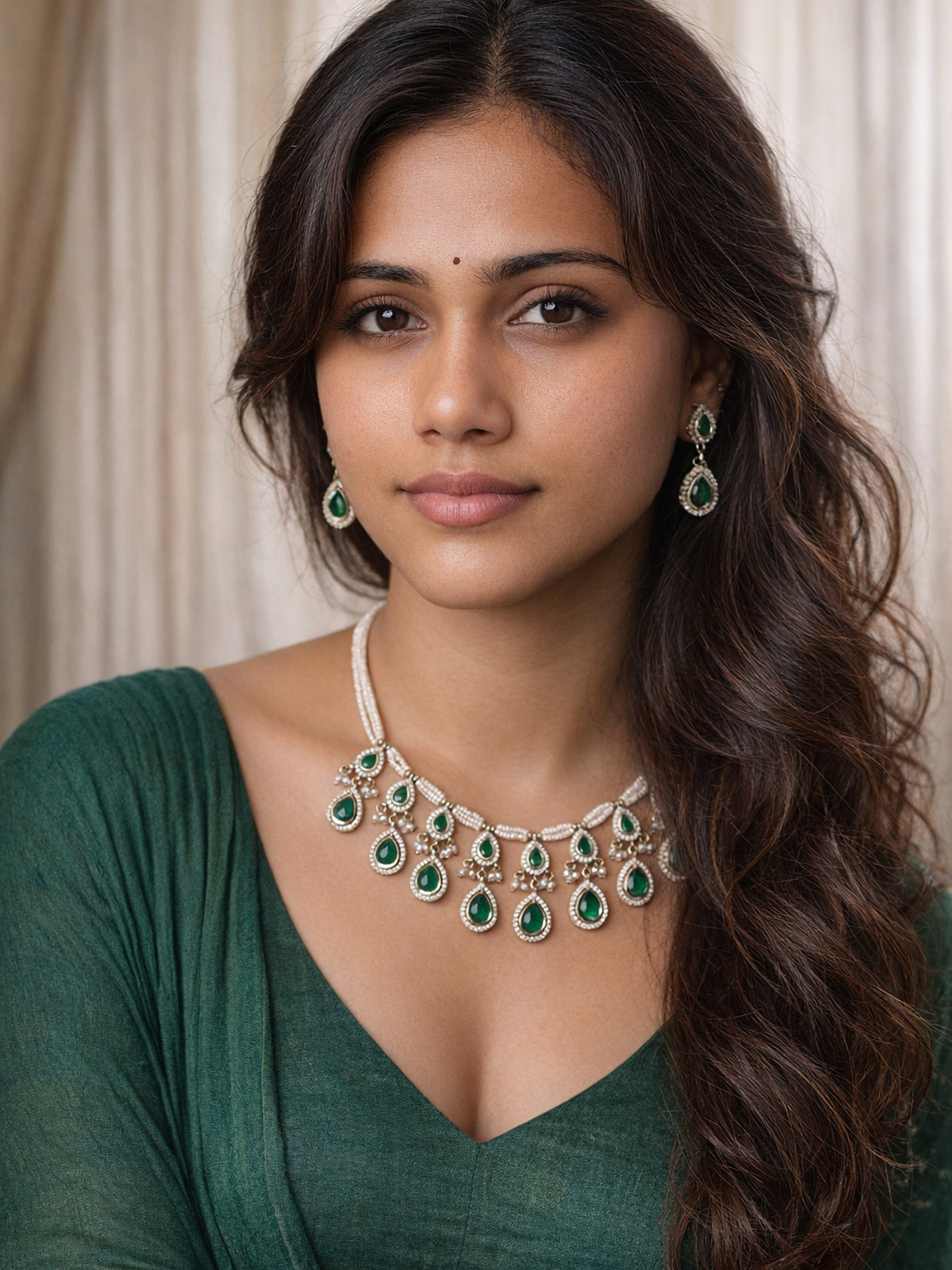Akshara Kundan Necklace Set in Green 