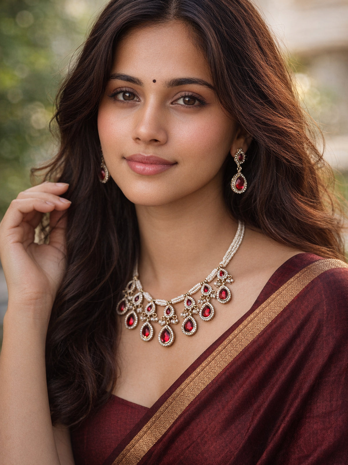 Akshara Kundan Necklace Set in Maroon 