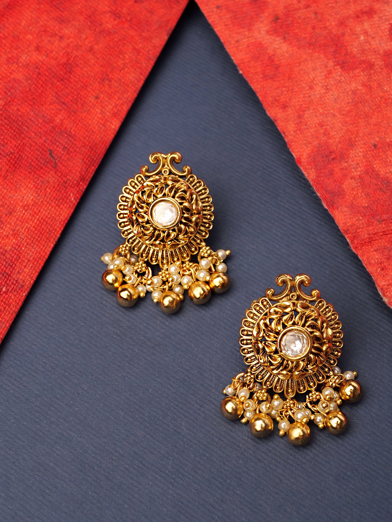 Amira Kundan Earrings in Pearl and Antique Gold