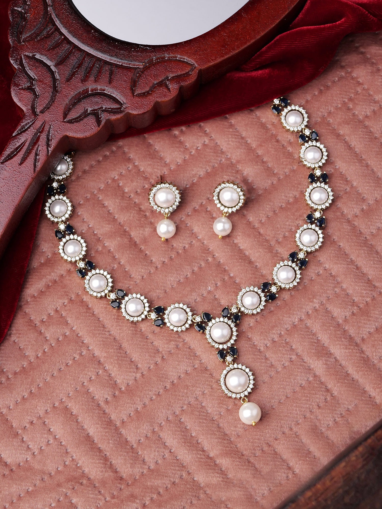 Amirah Pearl Cubic Zirconia Necklace Set in Blue