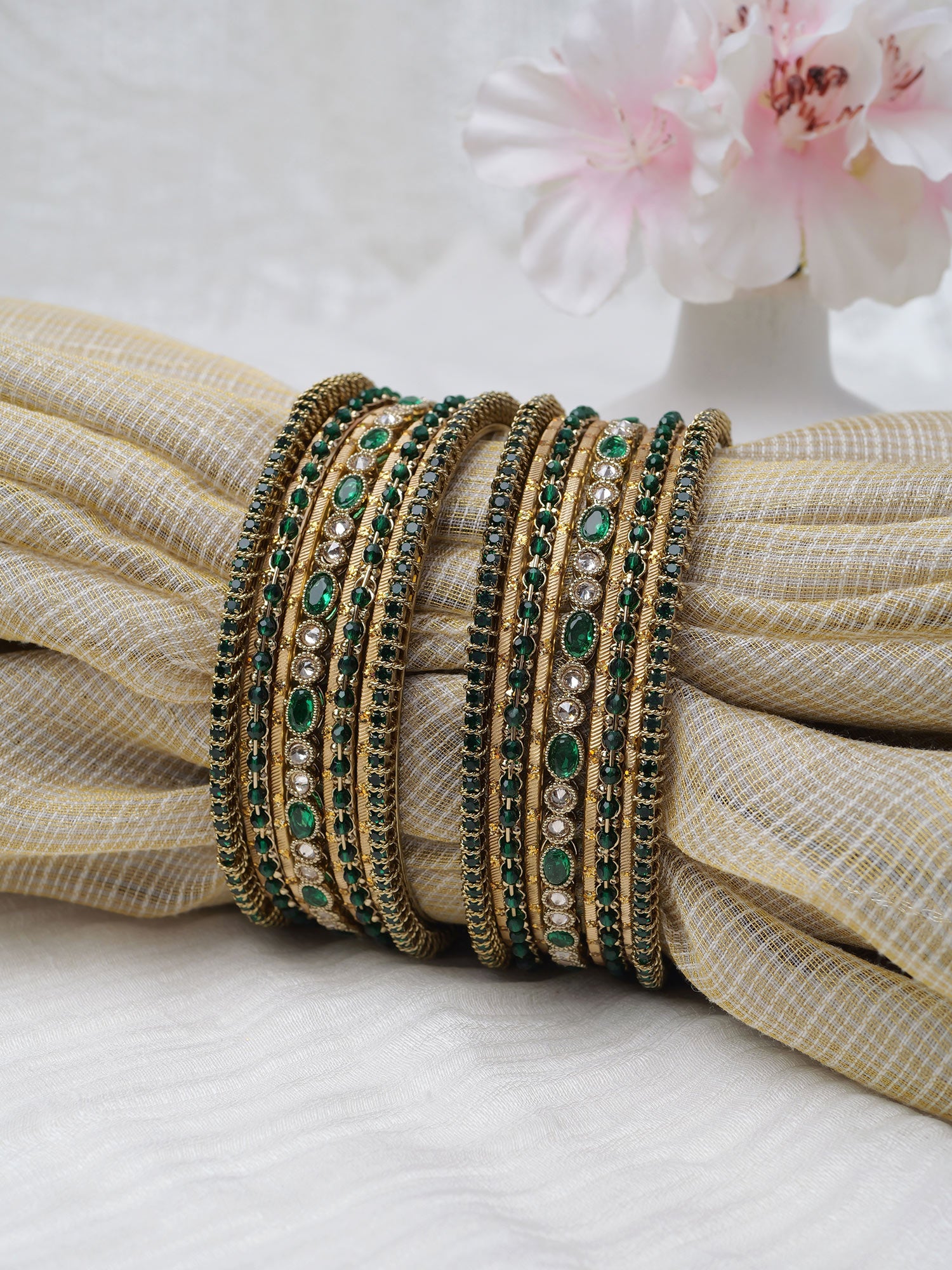 Anaya Bangle Set in Green and Antique Gold