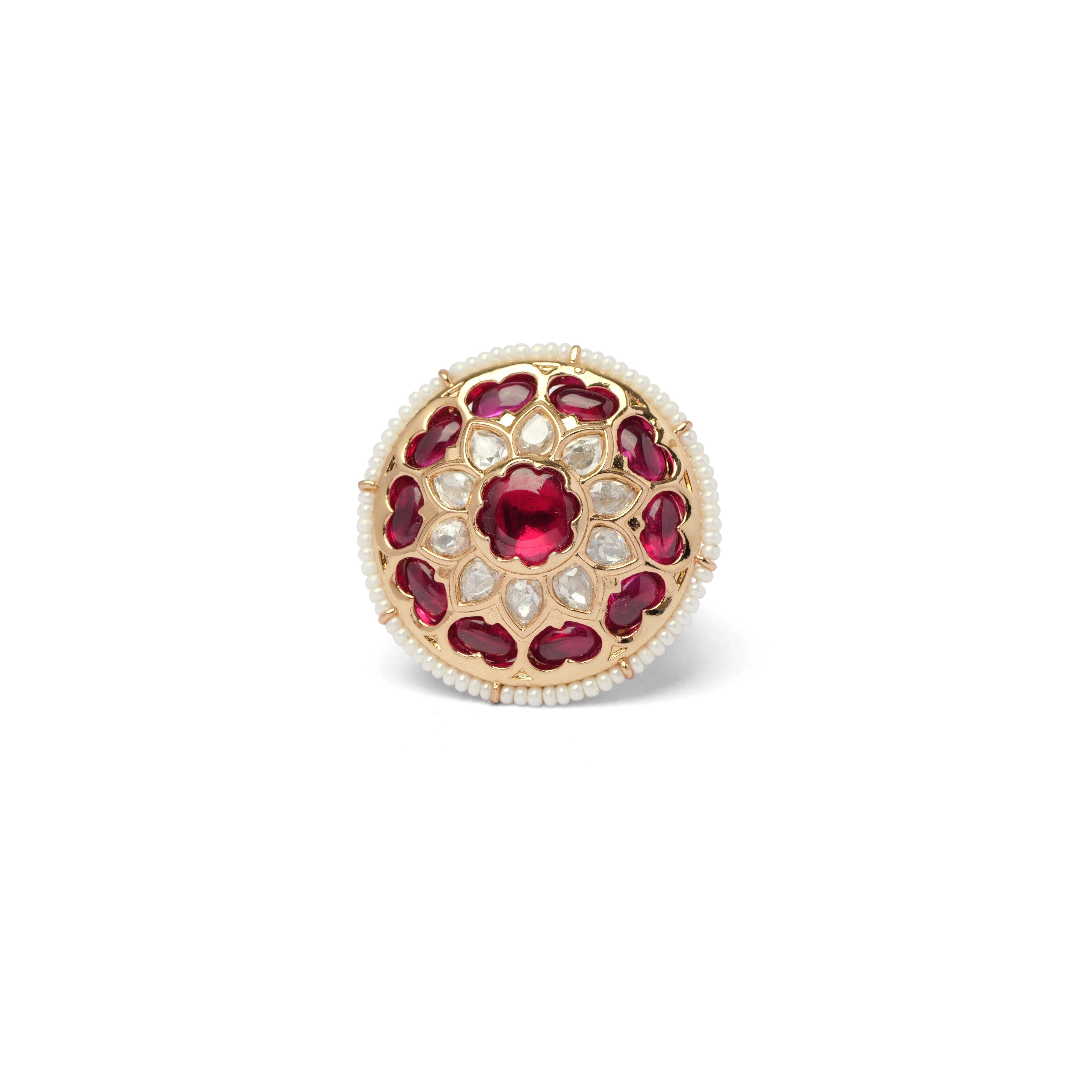 Anmol Kundan Ring in Maroon and Pearl