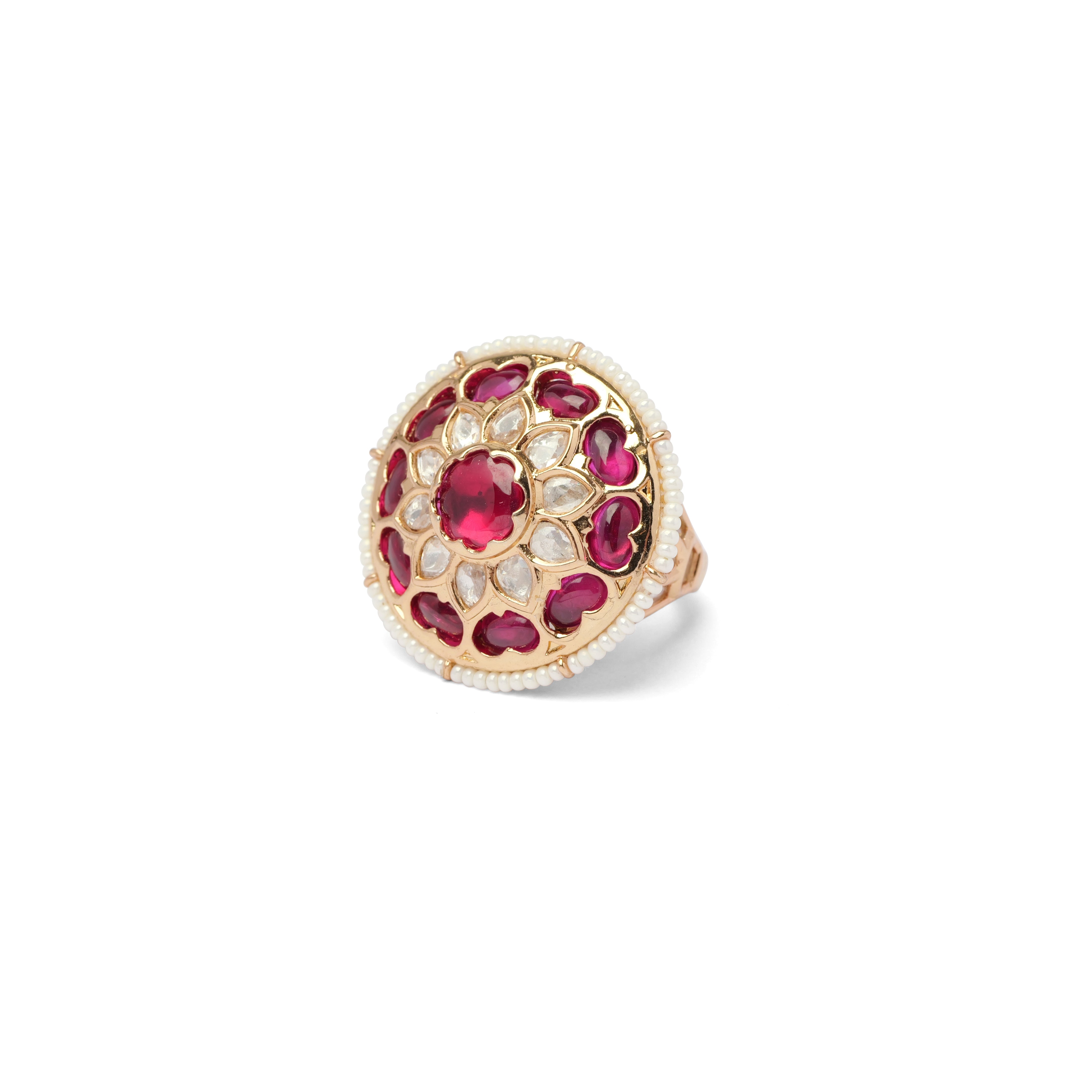 Anmol Kundan Ring in Maroon and Pearl