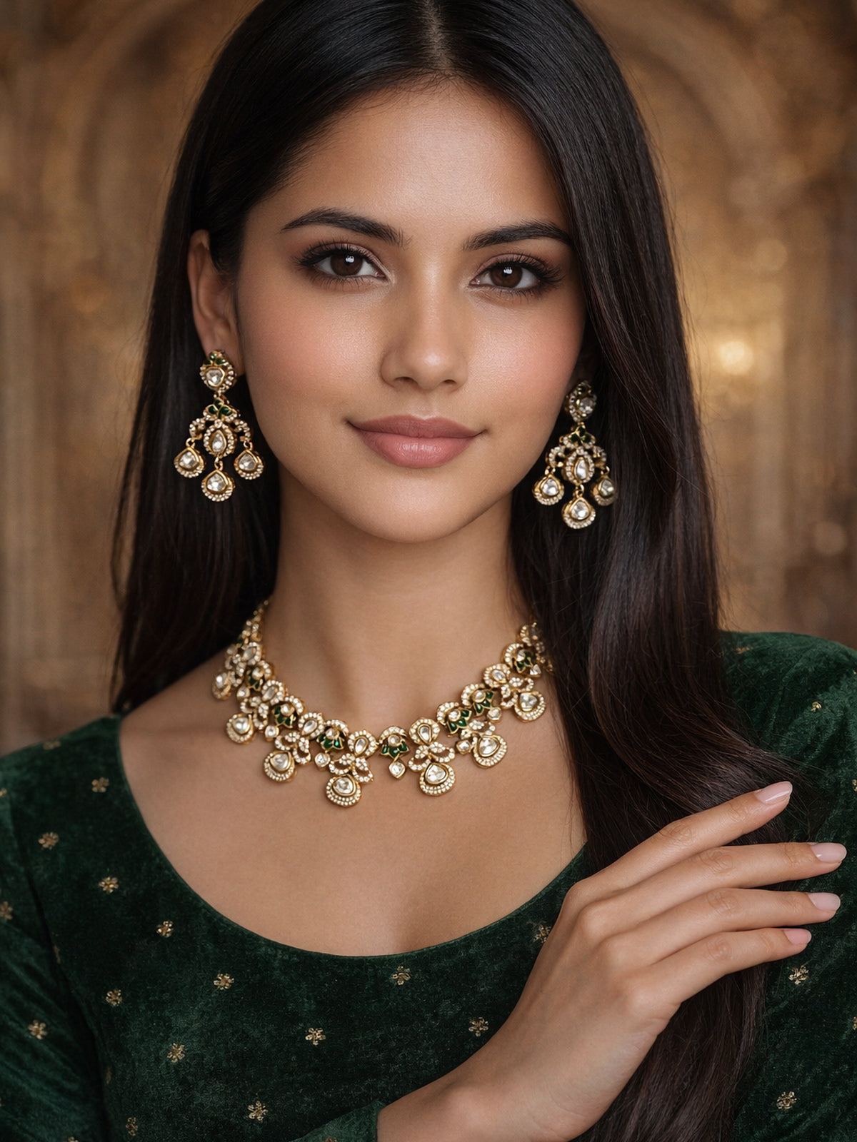 Anmol Kundan Necklace Set in Green 