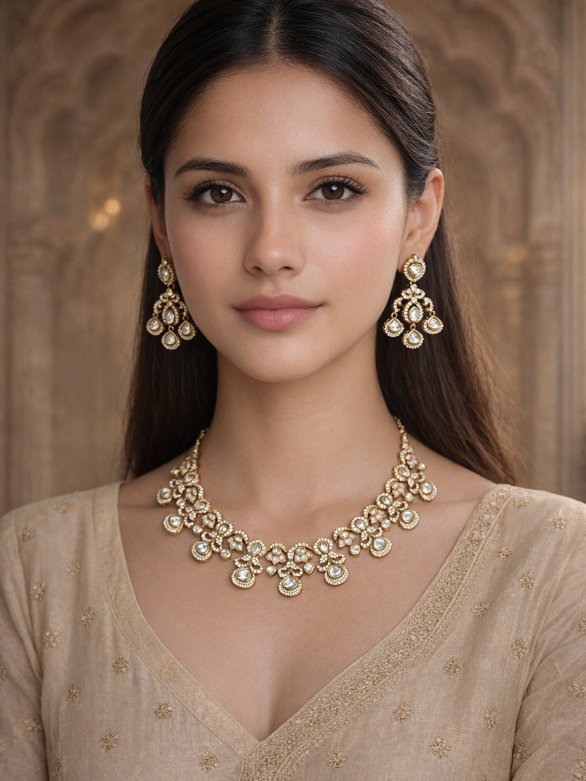 Anmol Kundan Necklace Set in White 