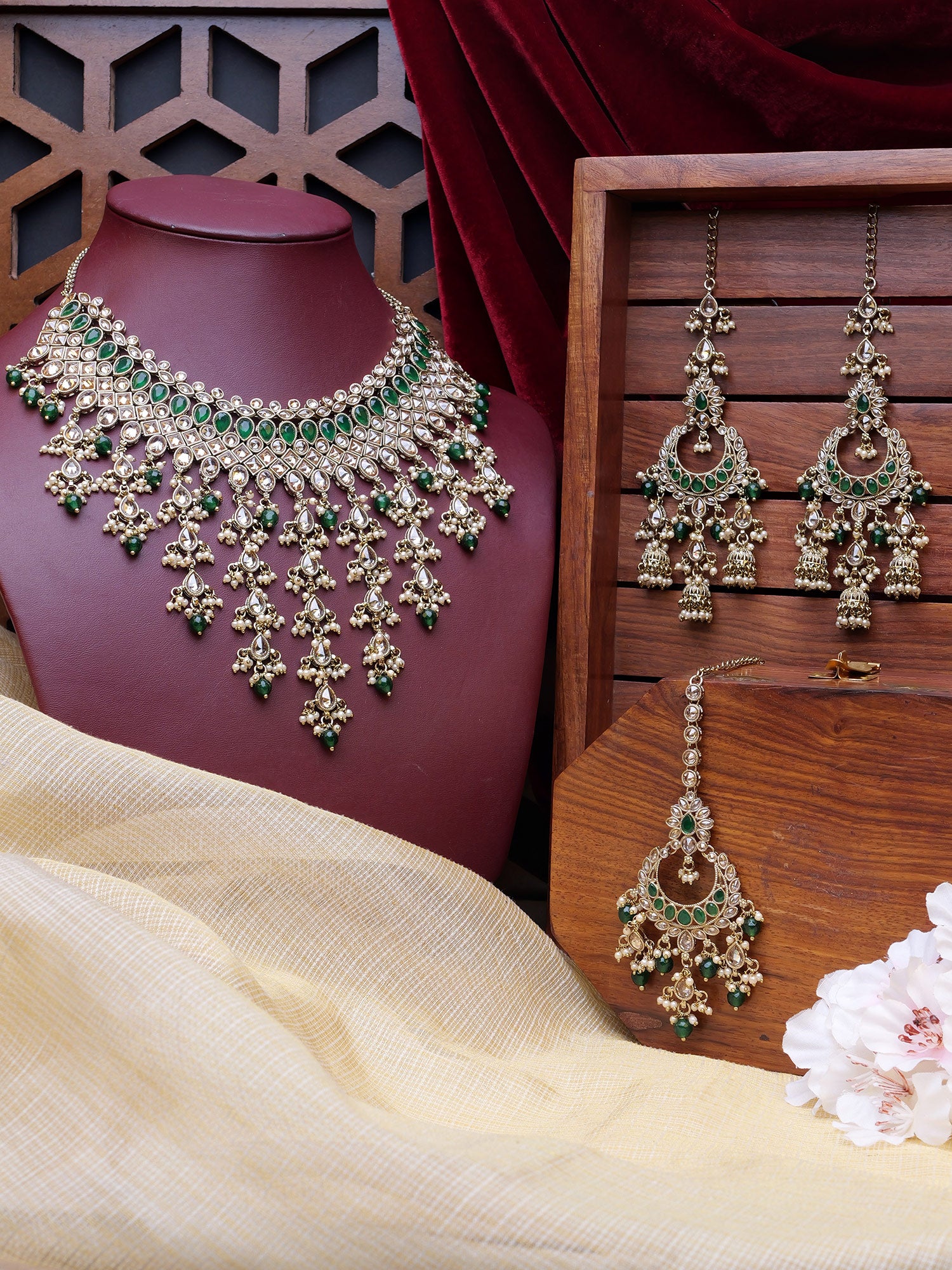 Anushree Bridal Necklace Set in Pearl and Green