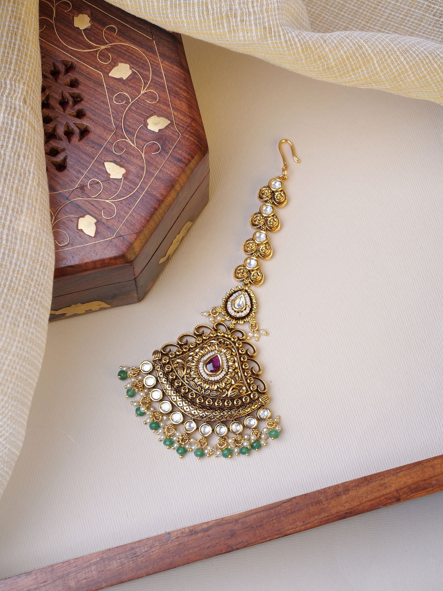 Anveya Kundan Maang Tikka in Ruby and Green