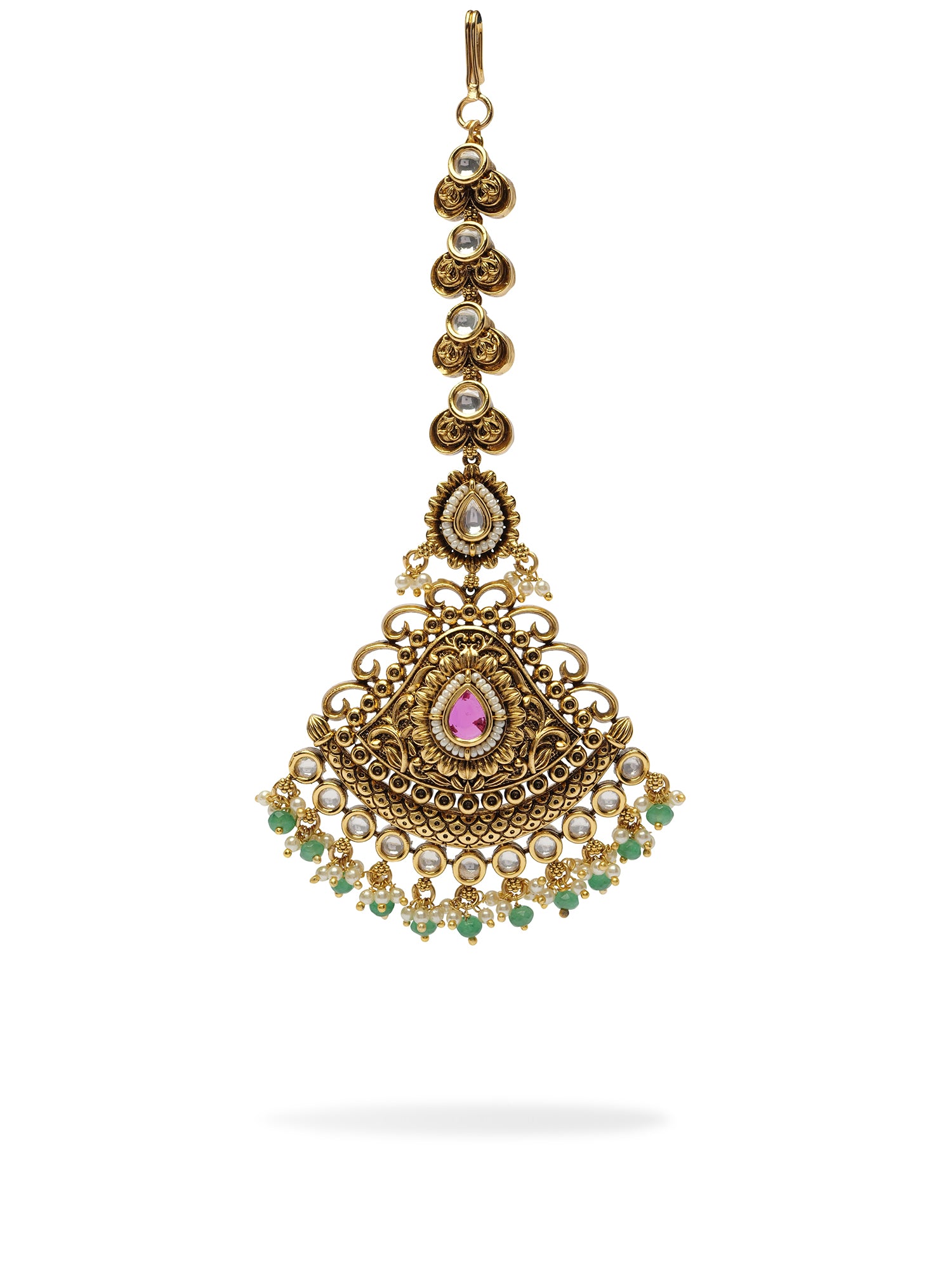 Anveya Kundan Maang Tikka in Ruby and Green