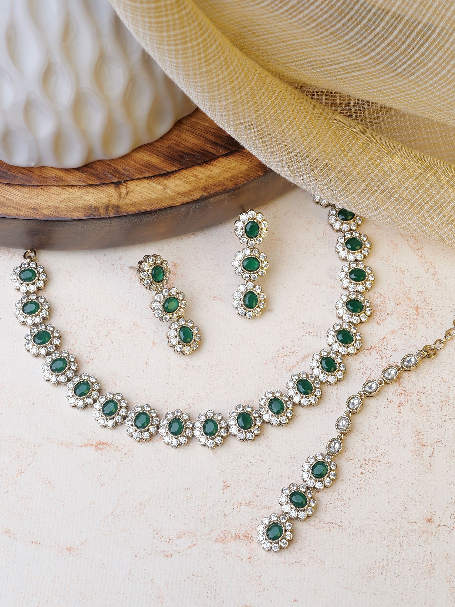 Aroshi Crystal Necklace Set in Green and Antique Gold