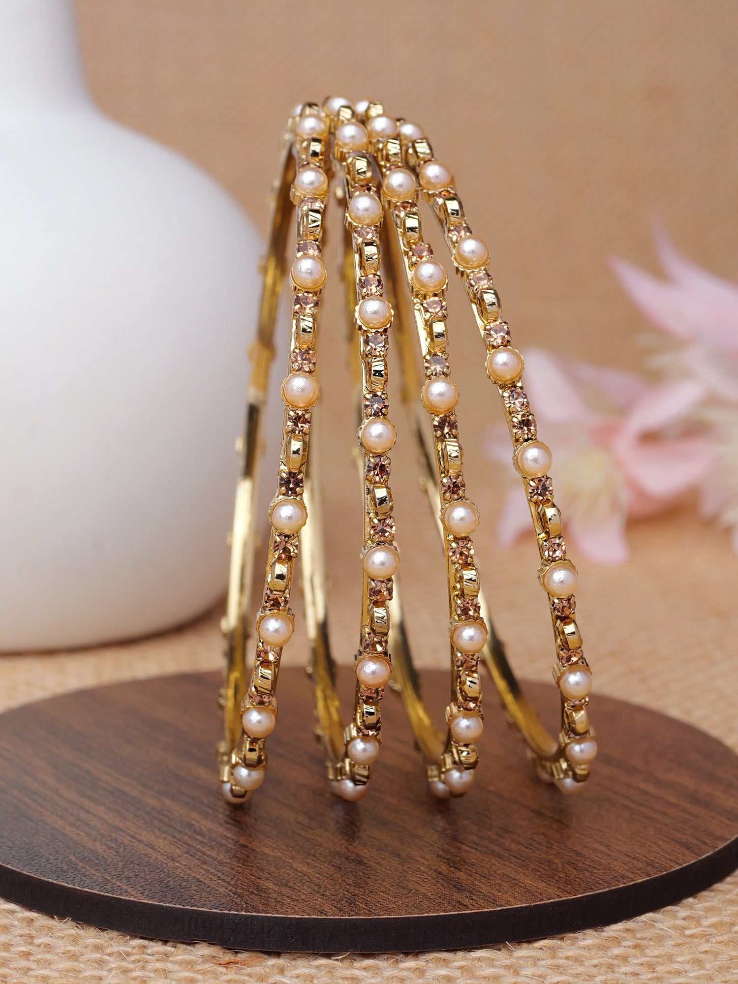 Avanti Pearl Diamante Bangles in Champagne