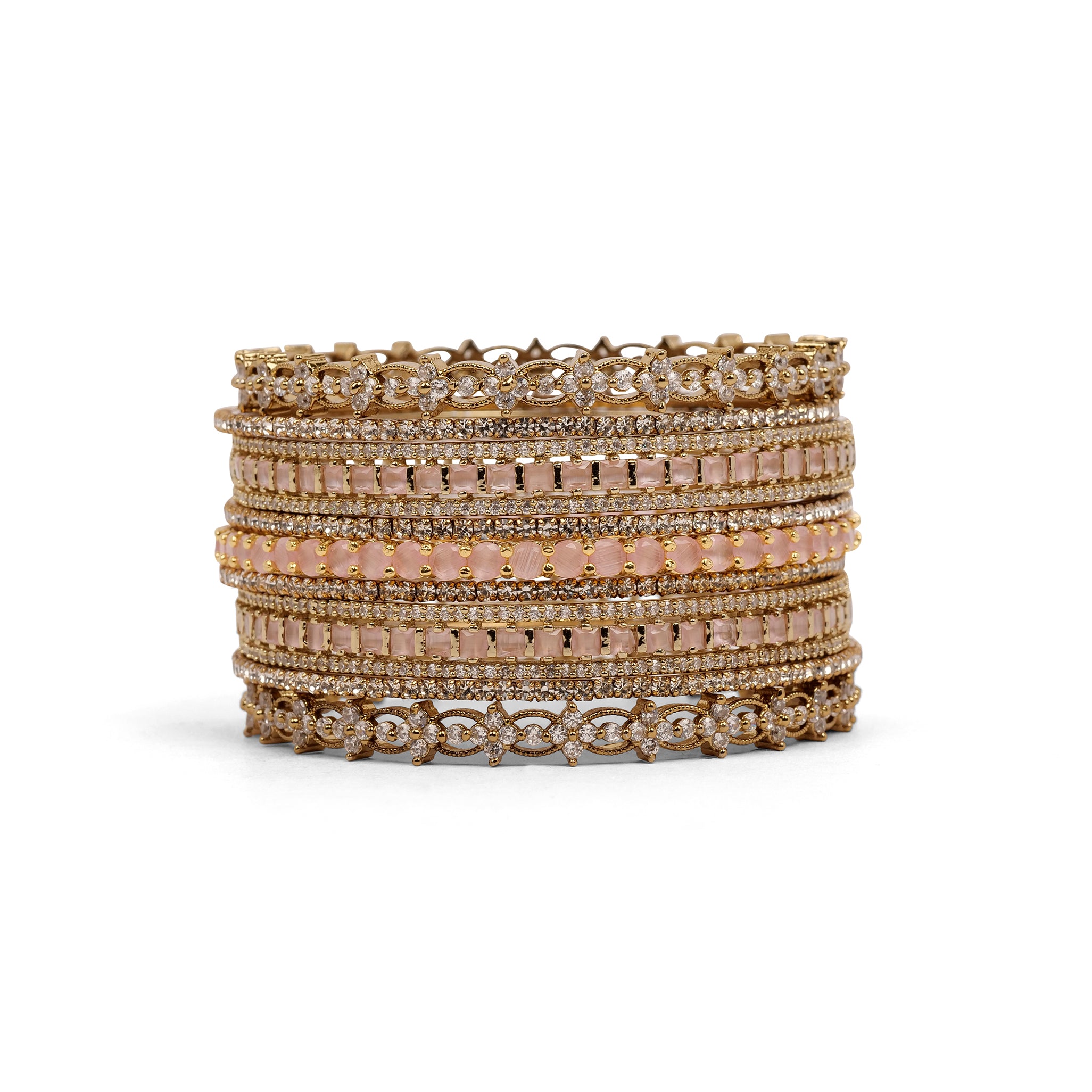 Opulent Cubic Zirconia Bangle Set in Pink and Gold