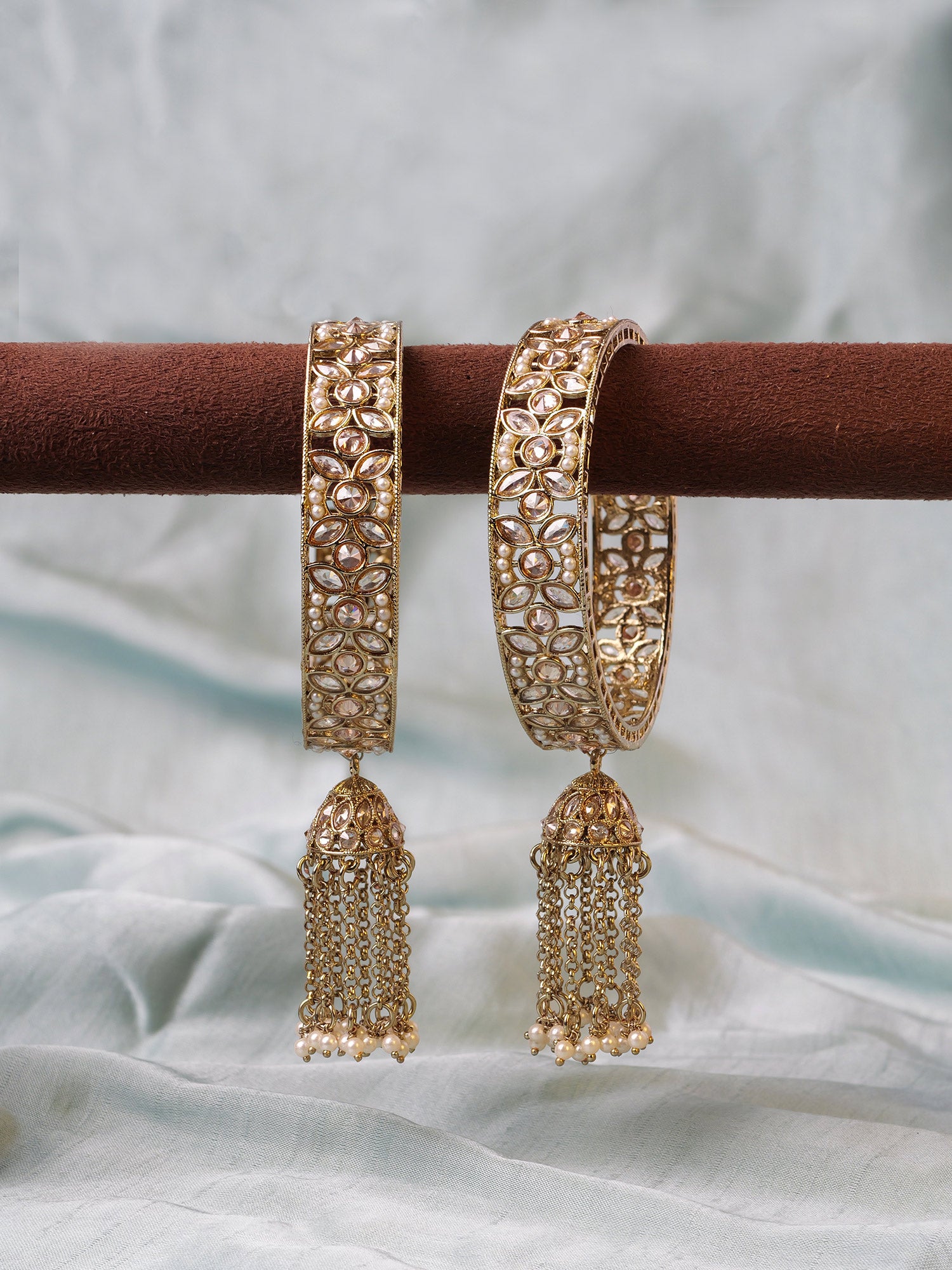 Bhavika Jhumka Kadas in Pearl and Antique Gold
