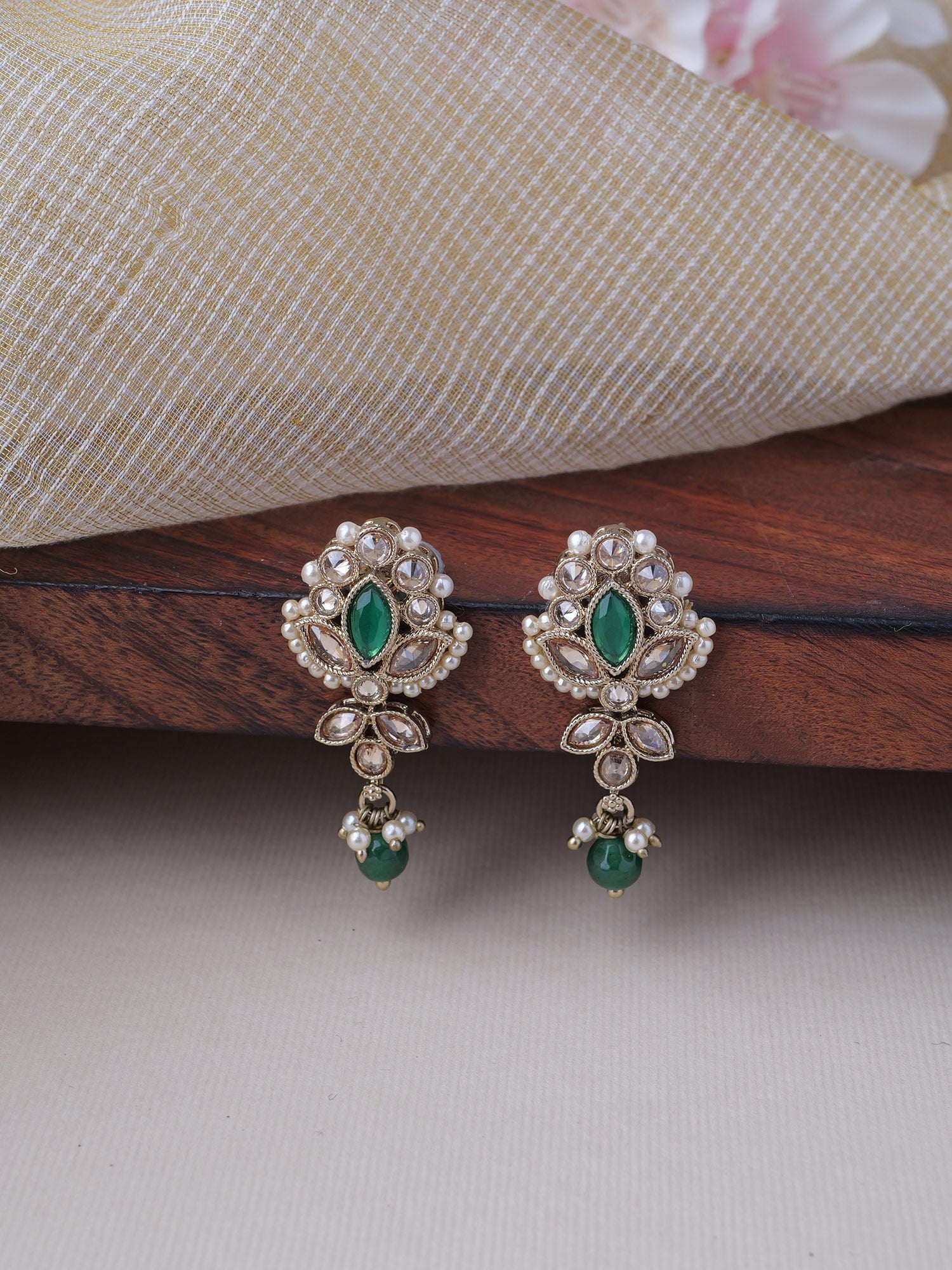 Bhavini Earrings in Pearl and Green