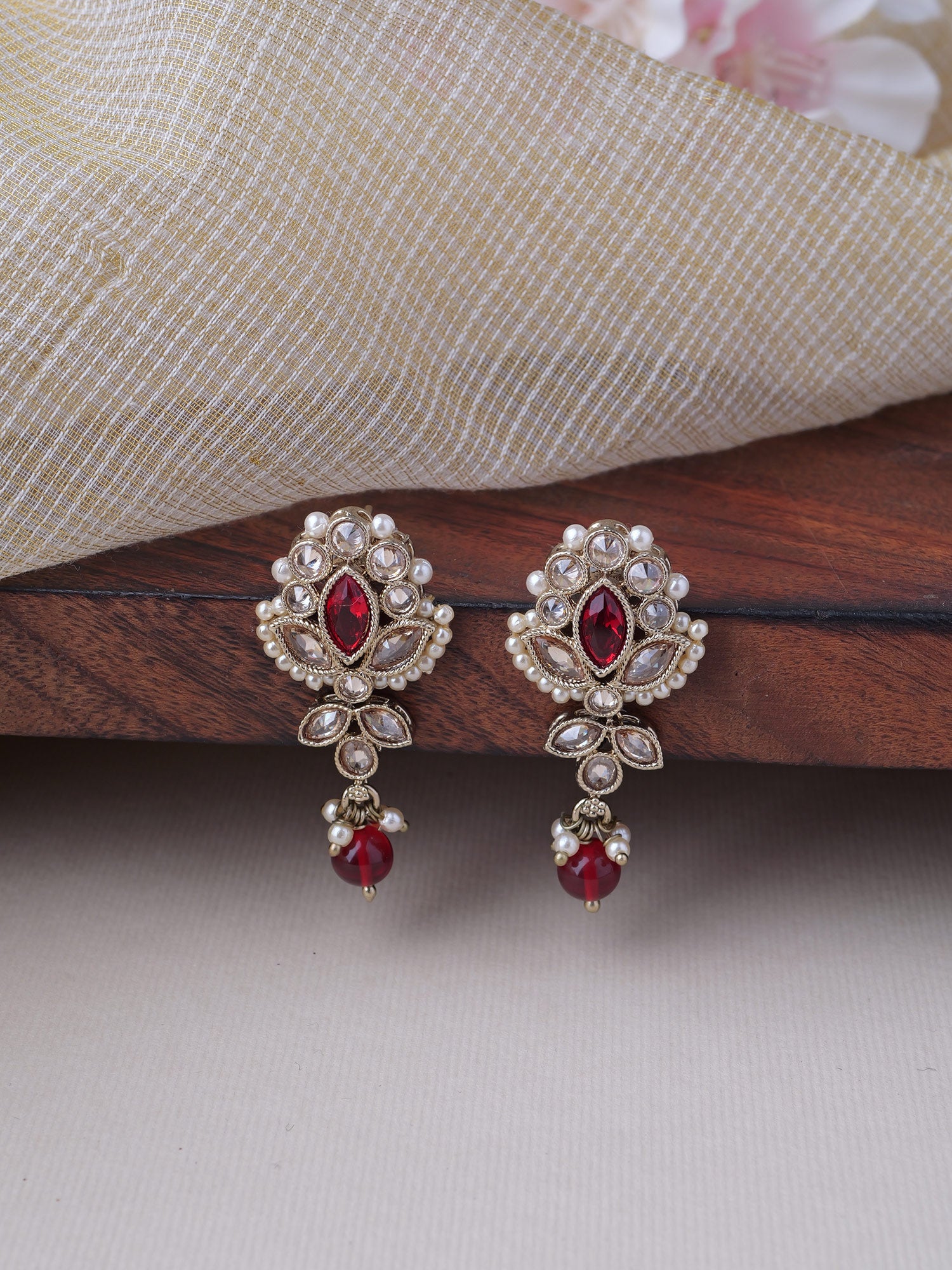 Bhavini Earrings in Pearl and Maroon