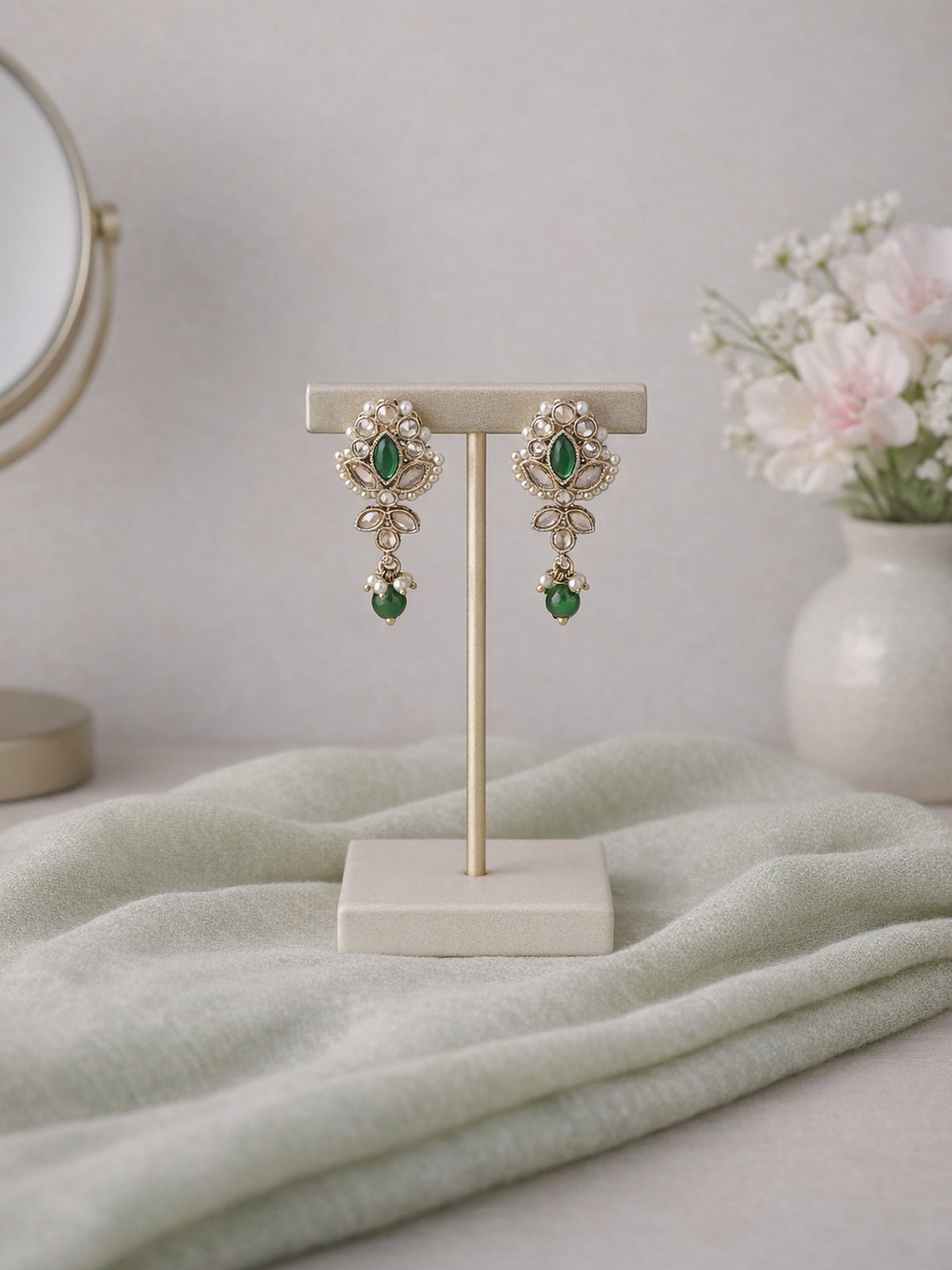 Bhavini Earrings in Pearl and Green