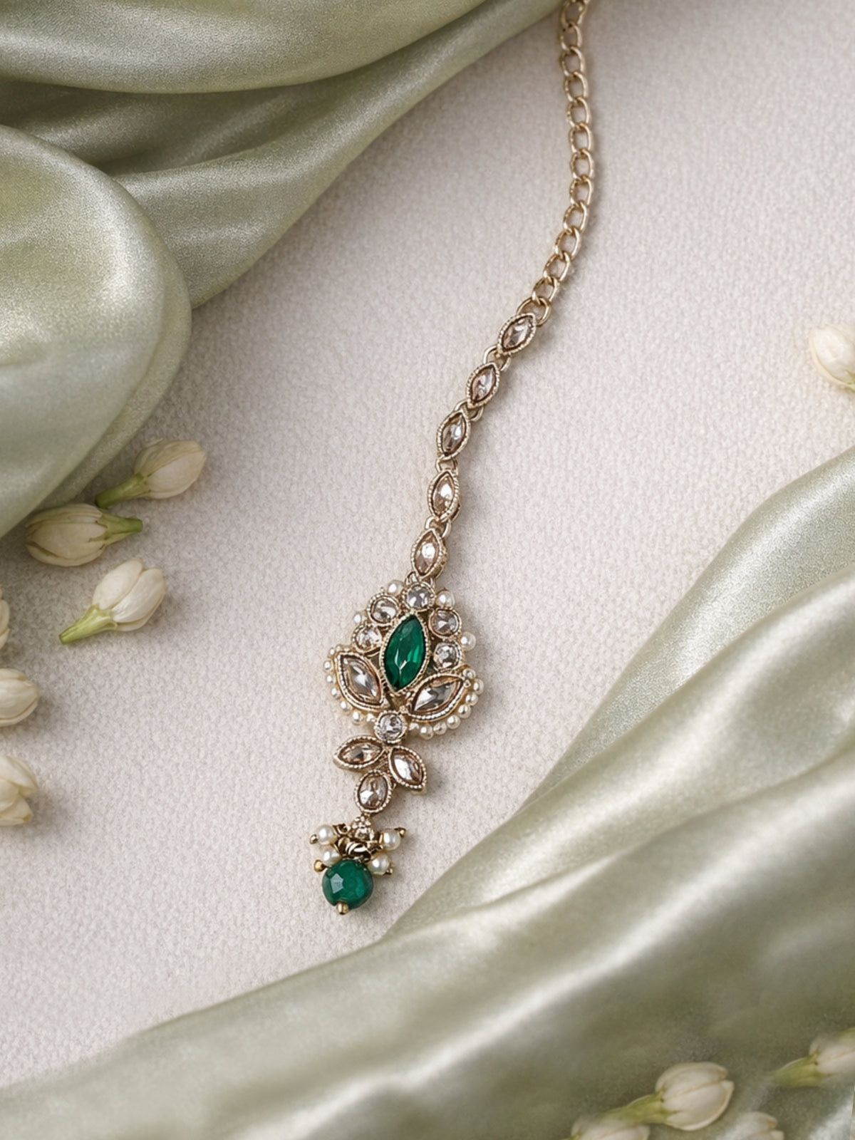 Bhavini Maang Tikka in Pearl and Green