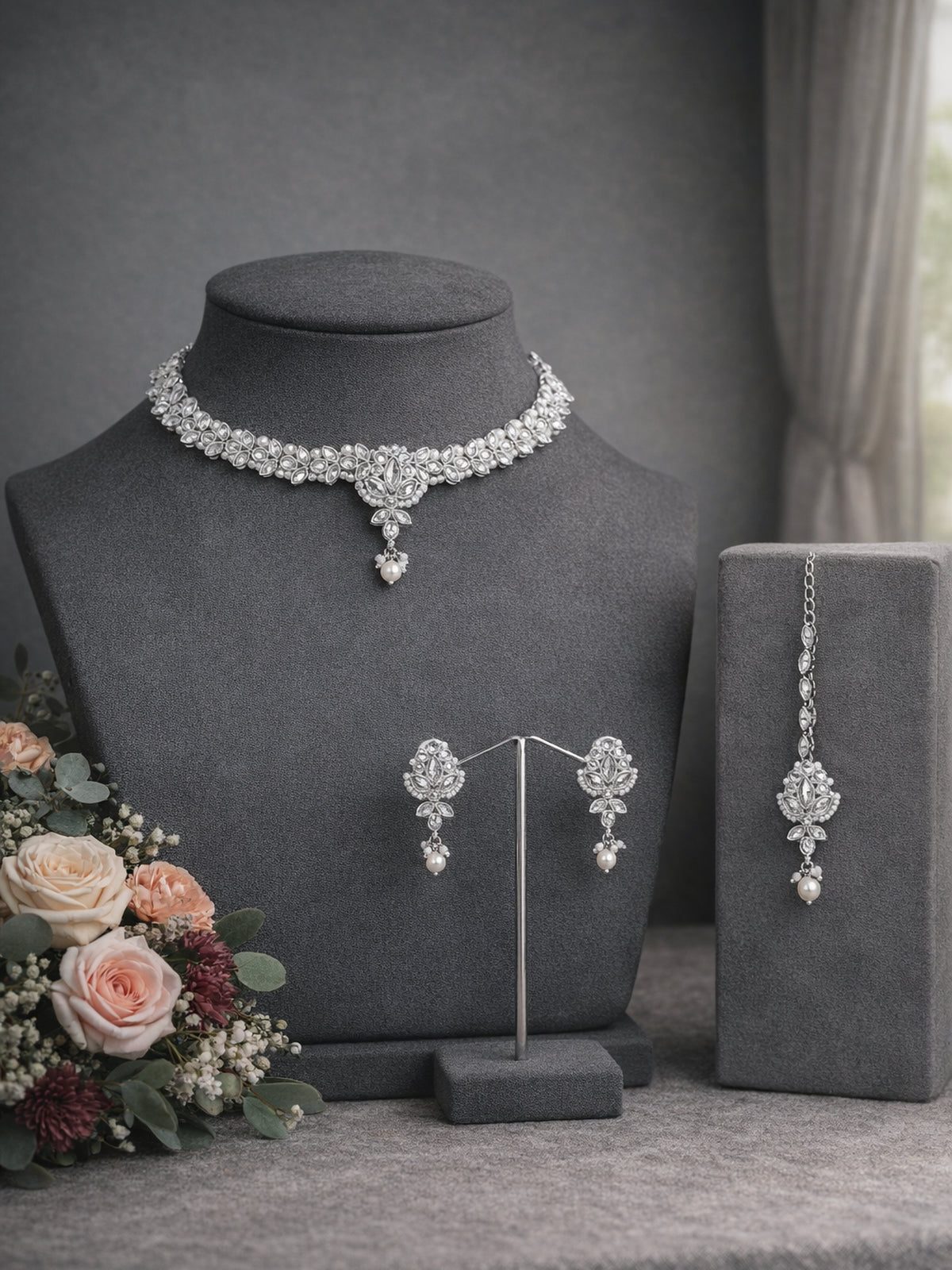 Bhavini Necklace Set in Rhodium