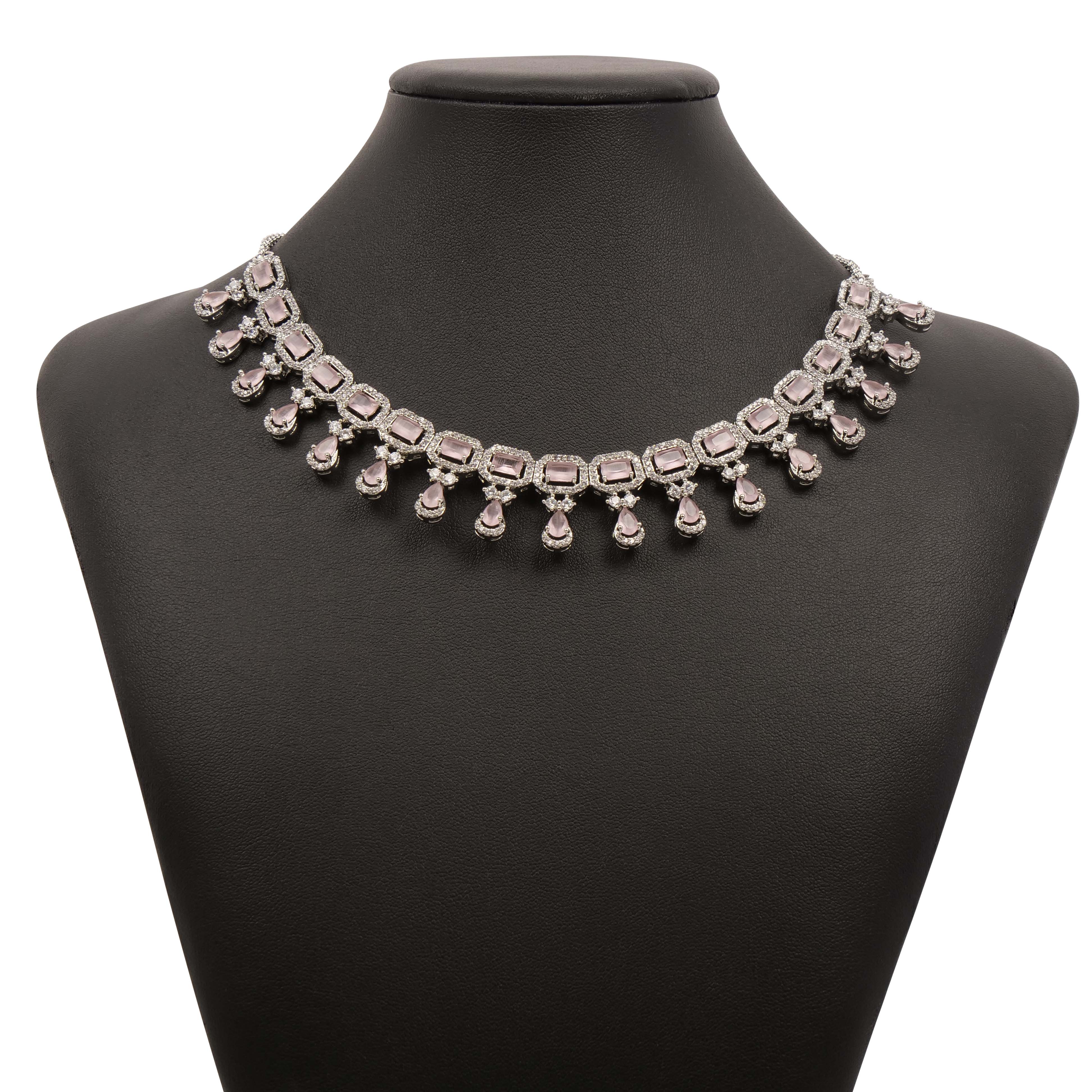 Square Halo Cubic Zirconia Necklace Set in Rhodium and Pink